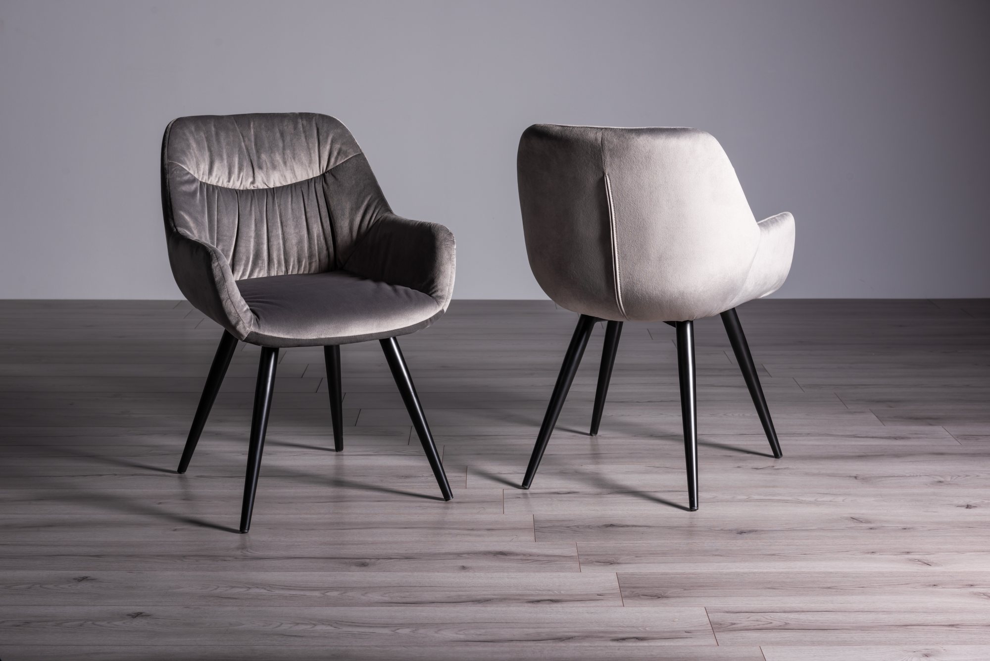 Ramsay Oak Melamine 6 Seater Table - X Leg & 4 Dali Grey Velvet Chairs by Bentley Designs | Style Our Home