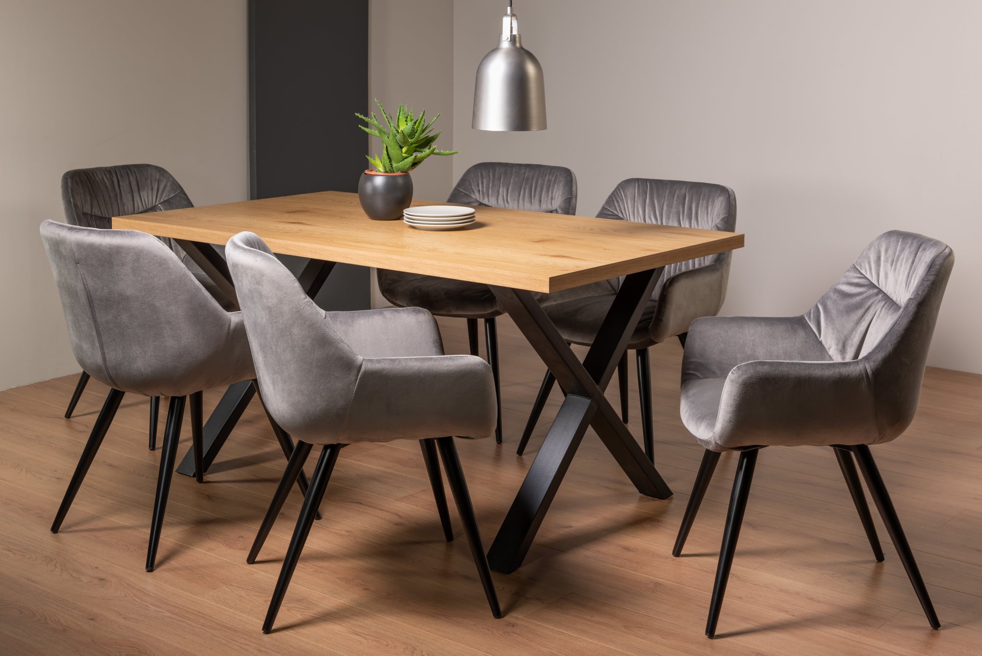 Ramsay Oak Melamine 6 Seater Table - X Leg & 6 Dali Grey Velvet Chairs by Bentley Designs | Style Our Home