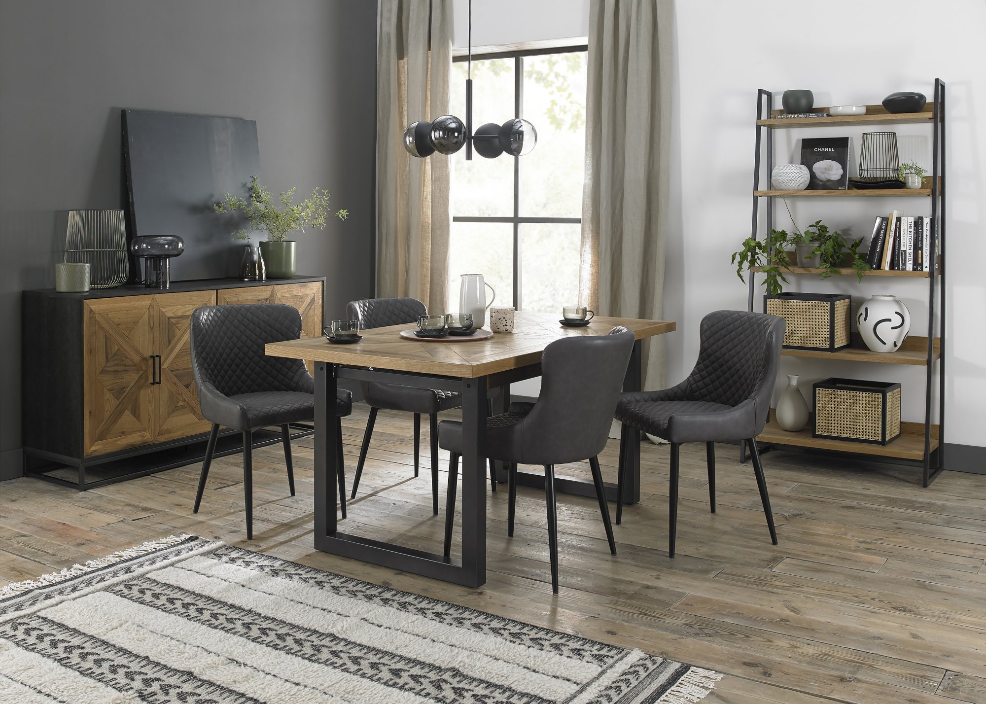 Indus Rustic Oak 4-6 Seater Table & 4 Cezanne Dark Grey Faux Leather Chairs - Black Legs by Bentley Designs | Style Our Home