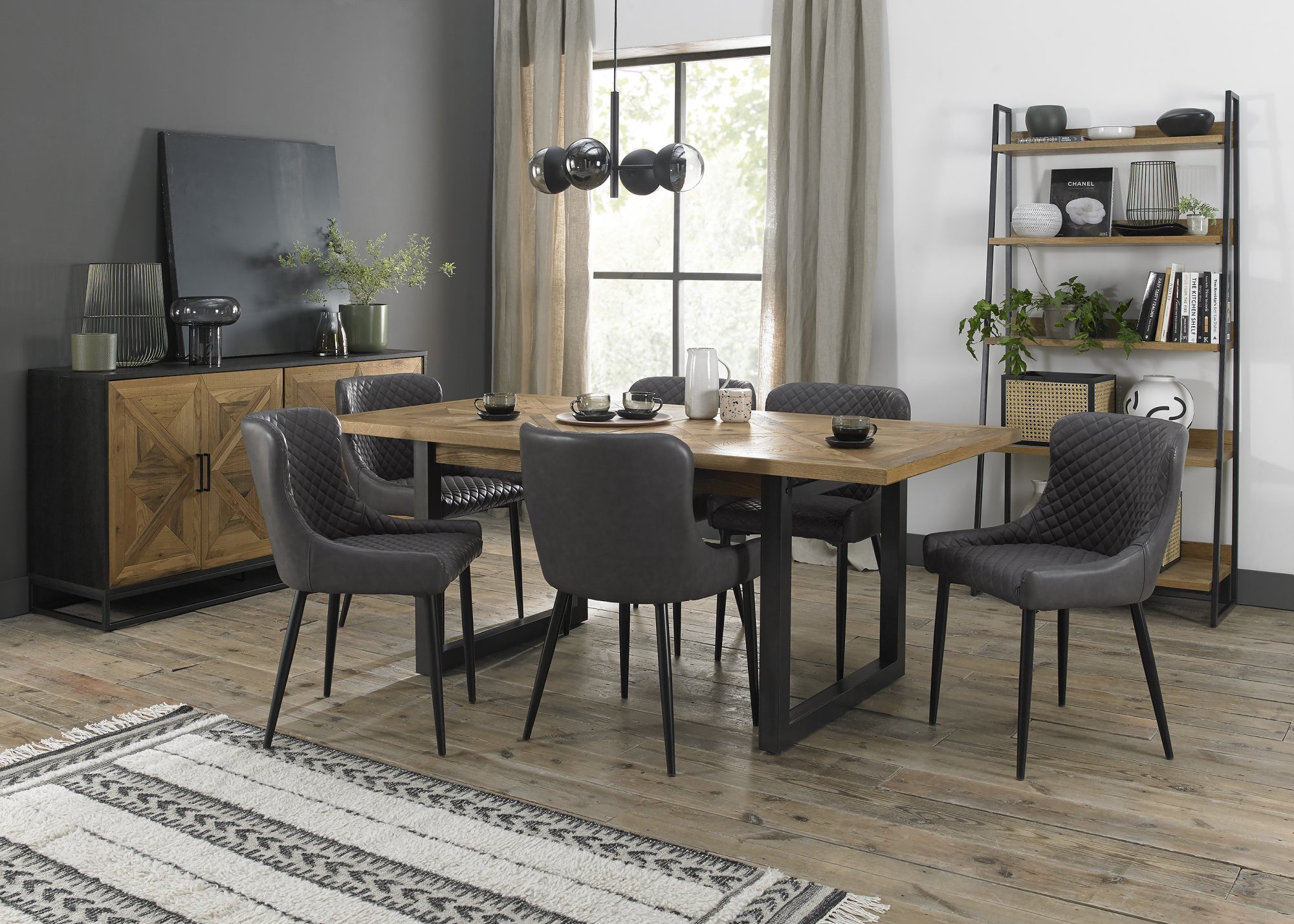 Indus Rustic Oak 6-8 Seater Table & 6 Cezanne Dark Grey Faux Leather Chairs - Black Legs by Bentley Designs | Style Our Home