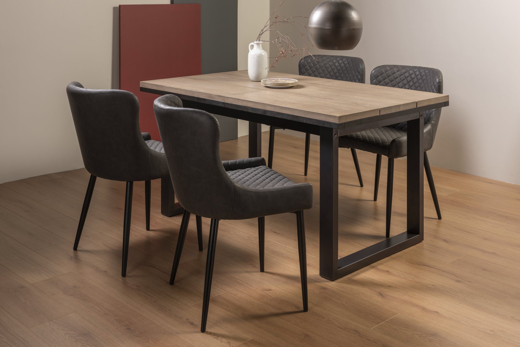 Tivoli Weathered Oak 4-6 Seater Table & 4 Cezanne Dark Grey Faux Leather Chairs - Black Legs by Bentley Designs | Style Our Home