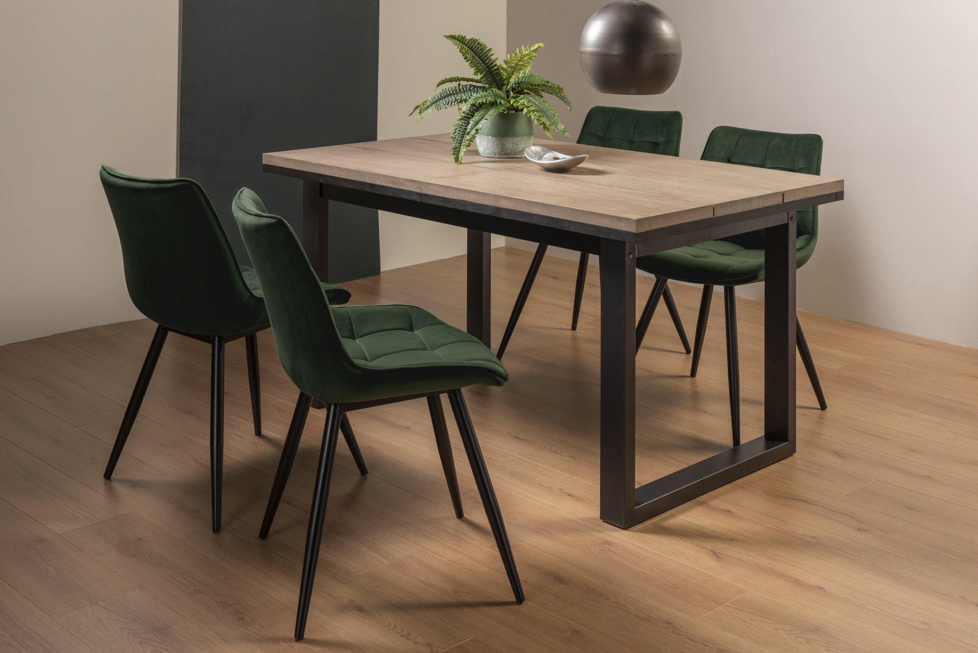 Tivoli Weathered Oak 4-6 Seater Table & 4 Seurat Green Velvet Chairs by Bentley Designs | Style Our Home