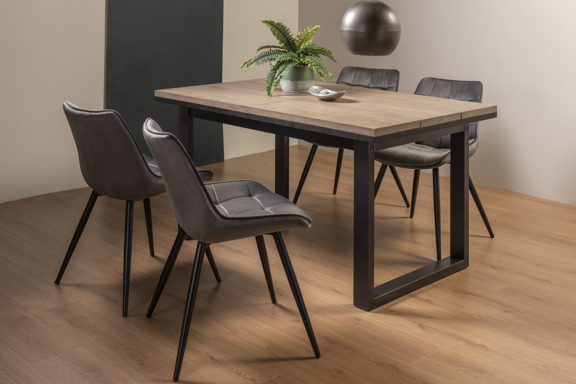 Tivoli Weathered Oak 4-6 Seater Table & 4 Seurat Grey Velvet Chairs by Bentley Designs | Style Our Home