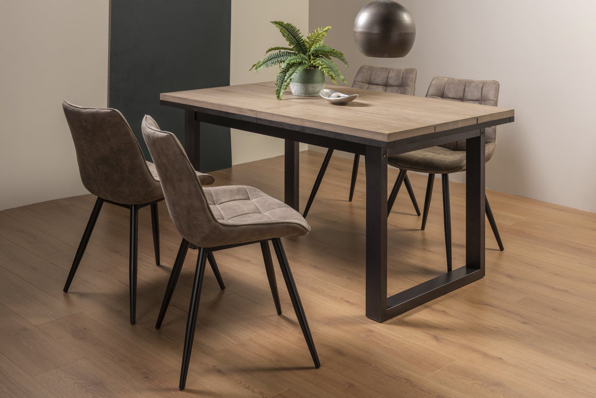 Tivoli Weathered Oak 4-6 Seater Table & 4 Seurat Tan Faux Suede Fabric Chairs by Bentley Designs | Style Our Home