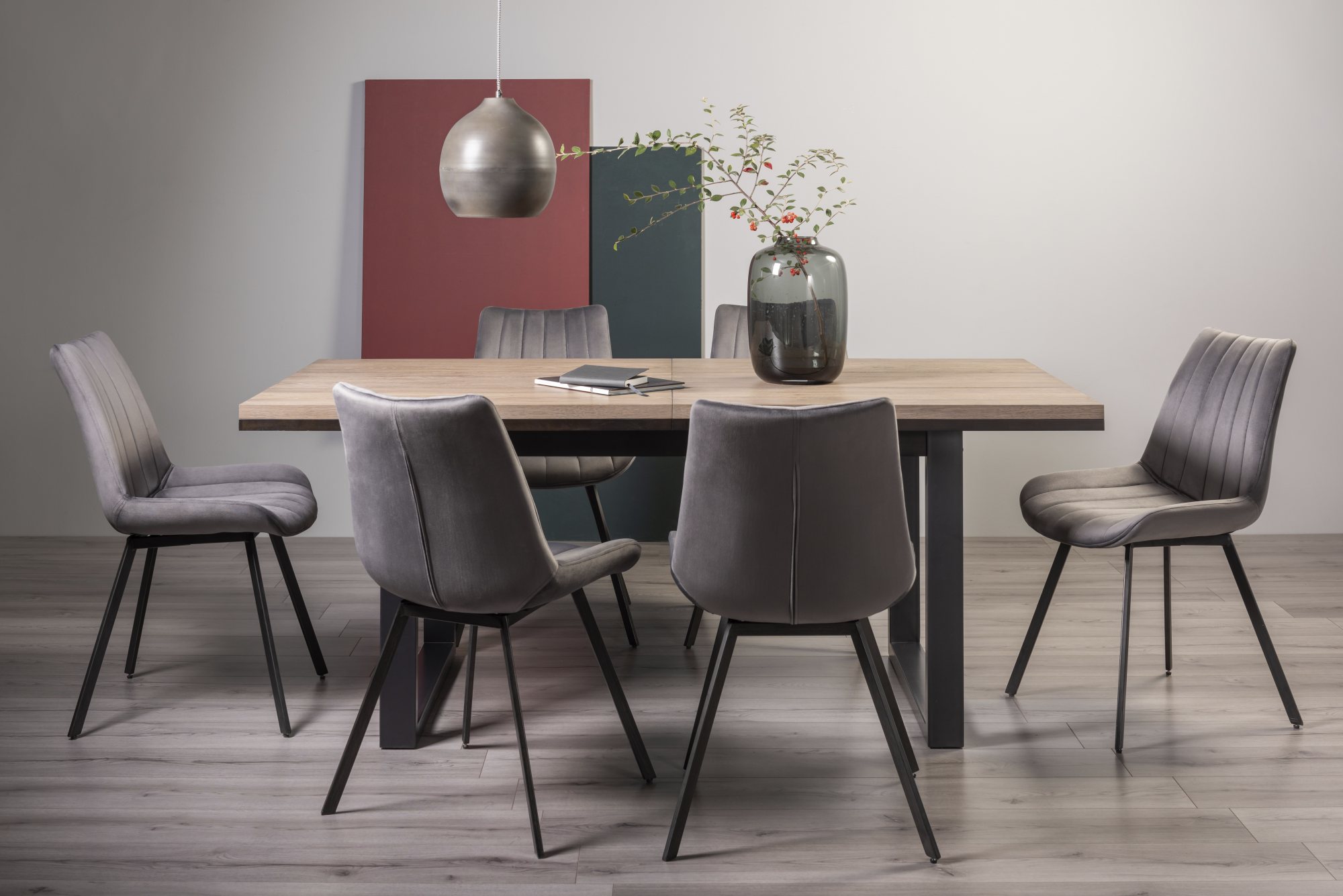 Tivoli Weathered Oak 6-8 Seater Table & 6 Fontana Grey Velvet Chairs by Bentley Designs | Style Our Home