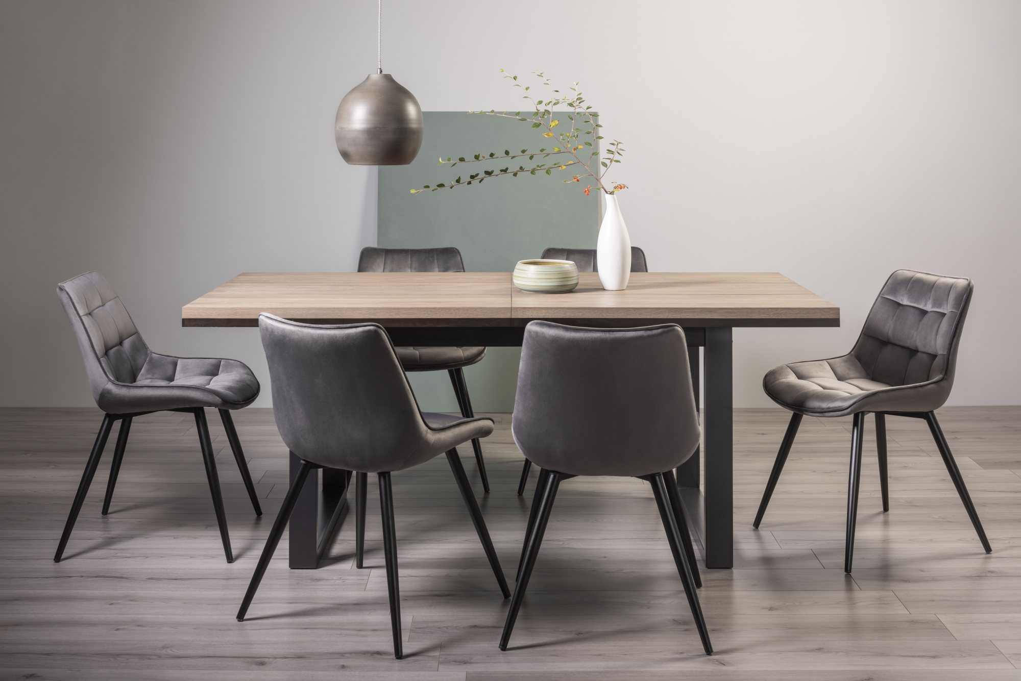 Tivoli Weathered Oak 6-8 Seater Table & 6 Seurat Grey Velvet Chairs by Bentley Designs | Style Our Home