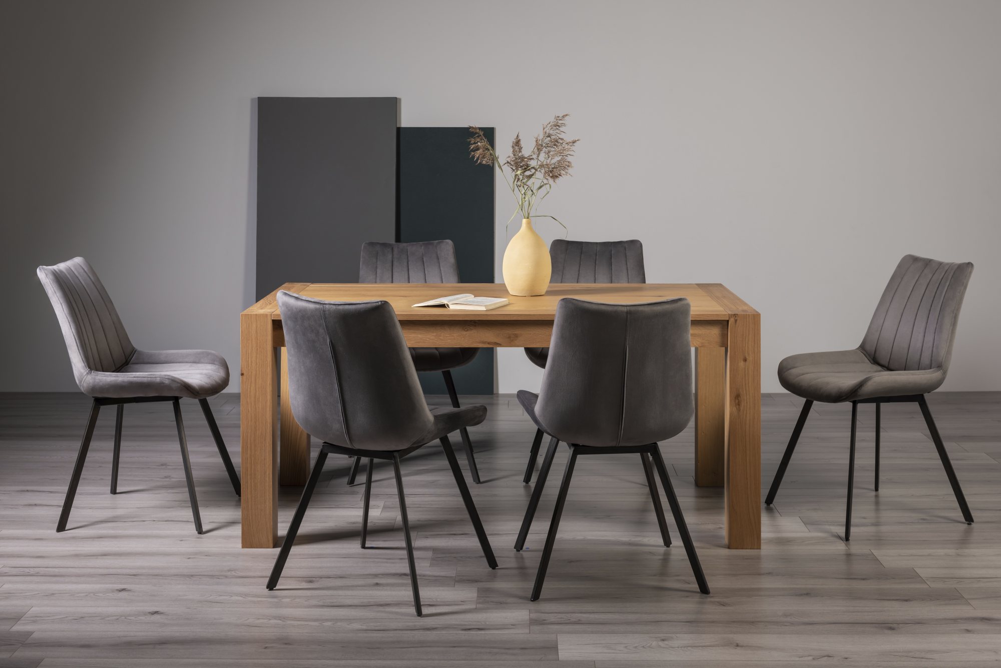 Turin Light Oak 6-8 Seater Table & 6 Fontana Grey Velvet Chairs by Bentley Designs | Style Our Home