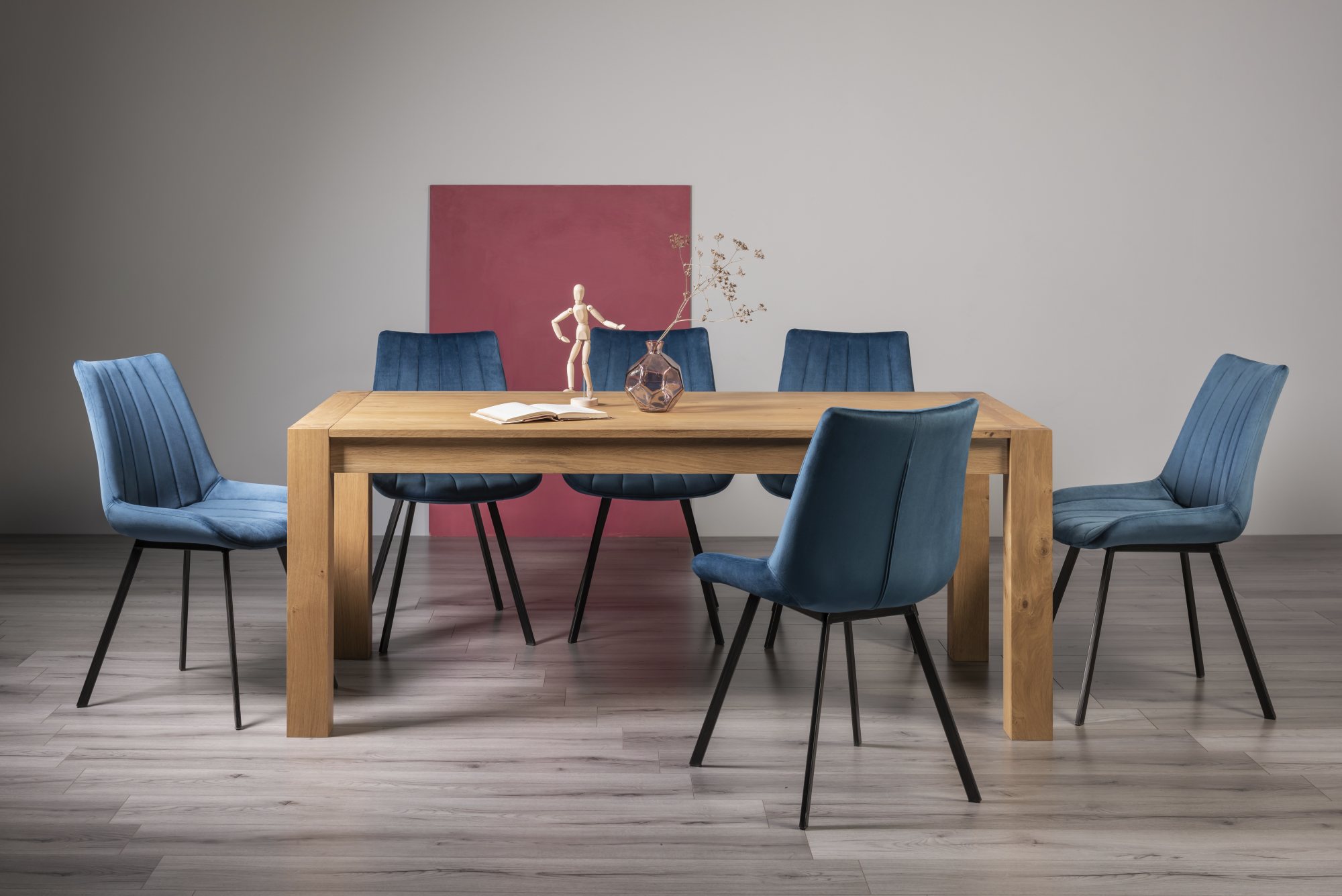 Turin Light Oak 6-10 Seater Table & 8 Fontana Blue Velvet Chairs by Bentley Designs | Style Our Home