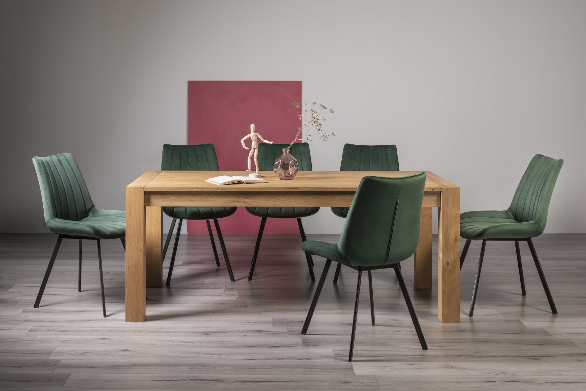 Turin Light Oak 6-10 Seater Table & 8 Fontana Green Velvet Chairs by Bentley Designs | Style Our Home