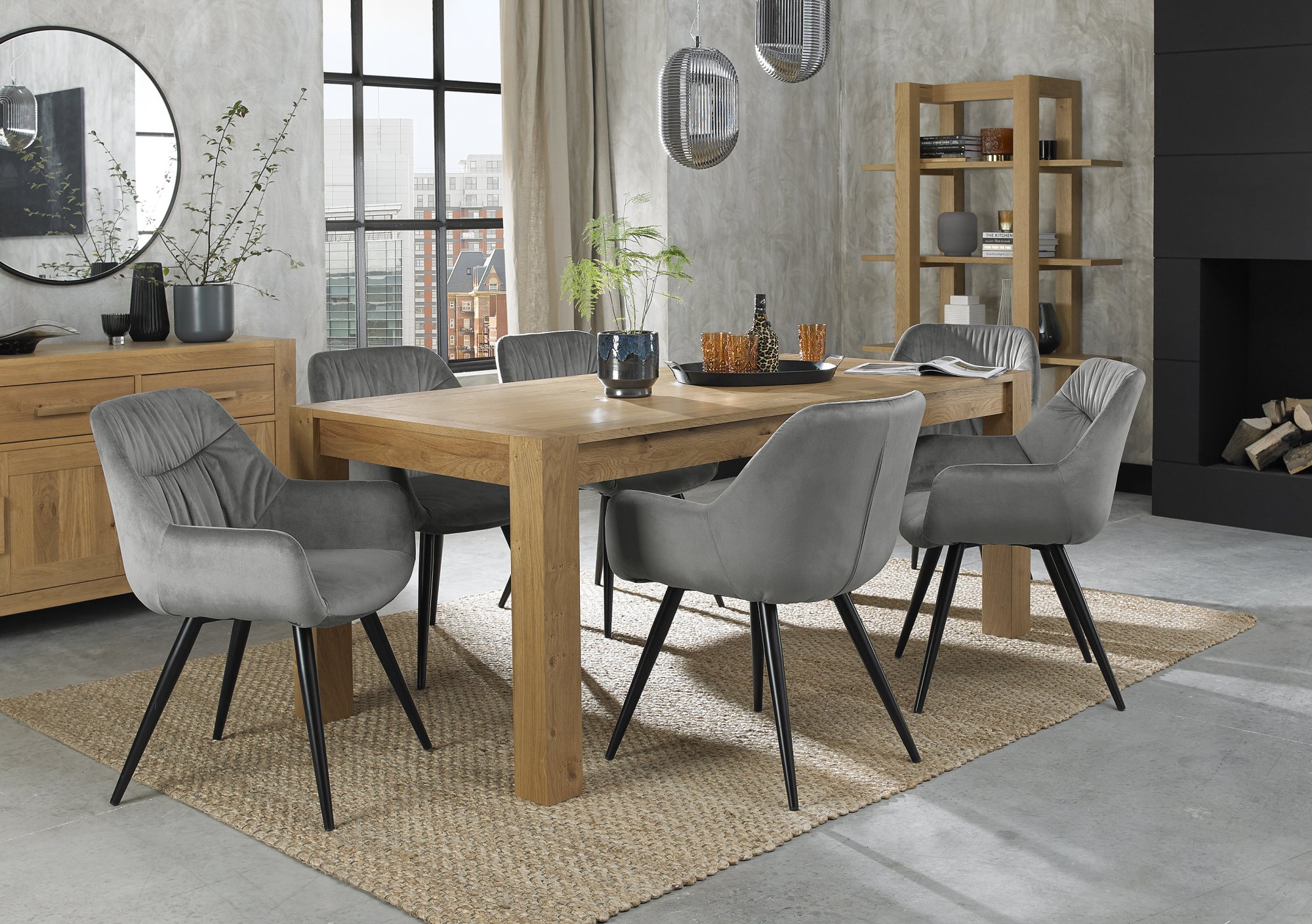 Turin Light Oak Large 6-8 Seater Table & 6 Dali Grey Velvet Chairs by Bentley Designs | Style Our Home