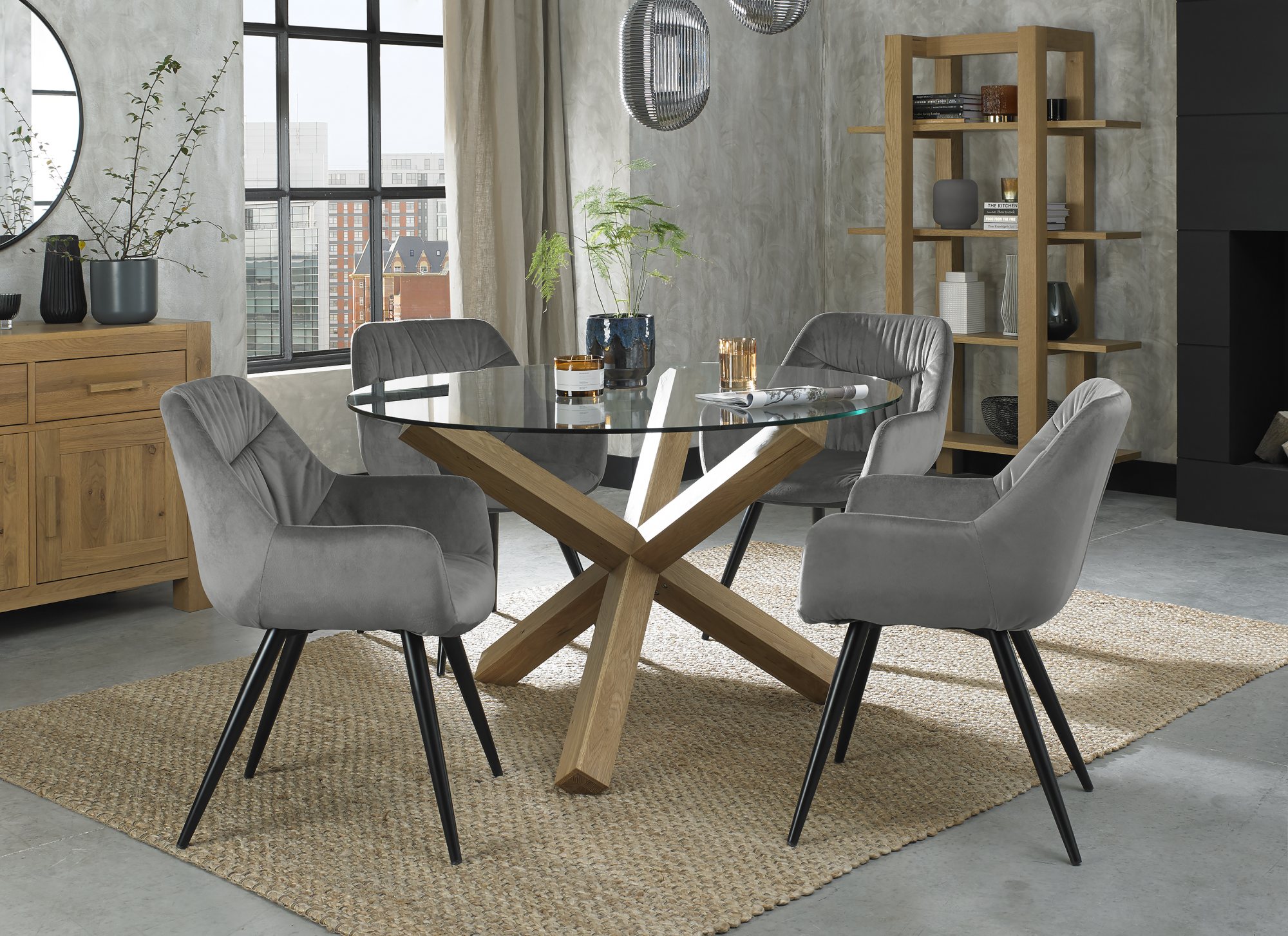 Turin Glass 4 Seater Table - Light Oak Legs & 4 Dali Grey Velvet Chairs by Bentley Designs | Style Our Home