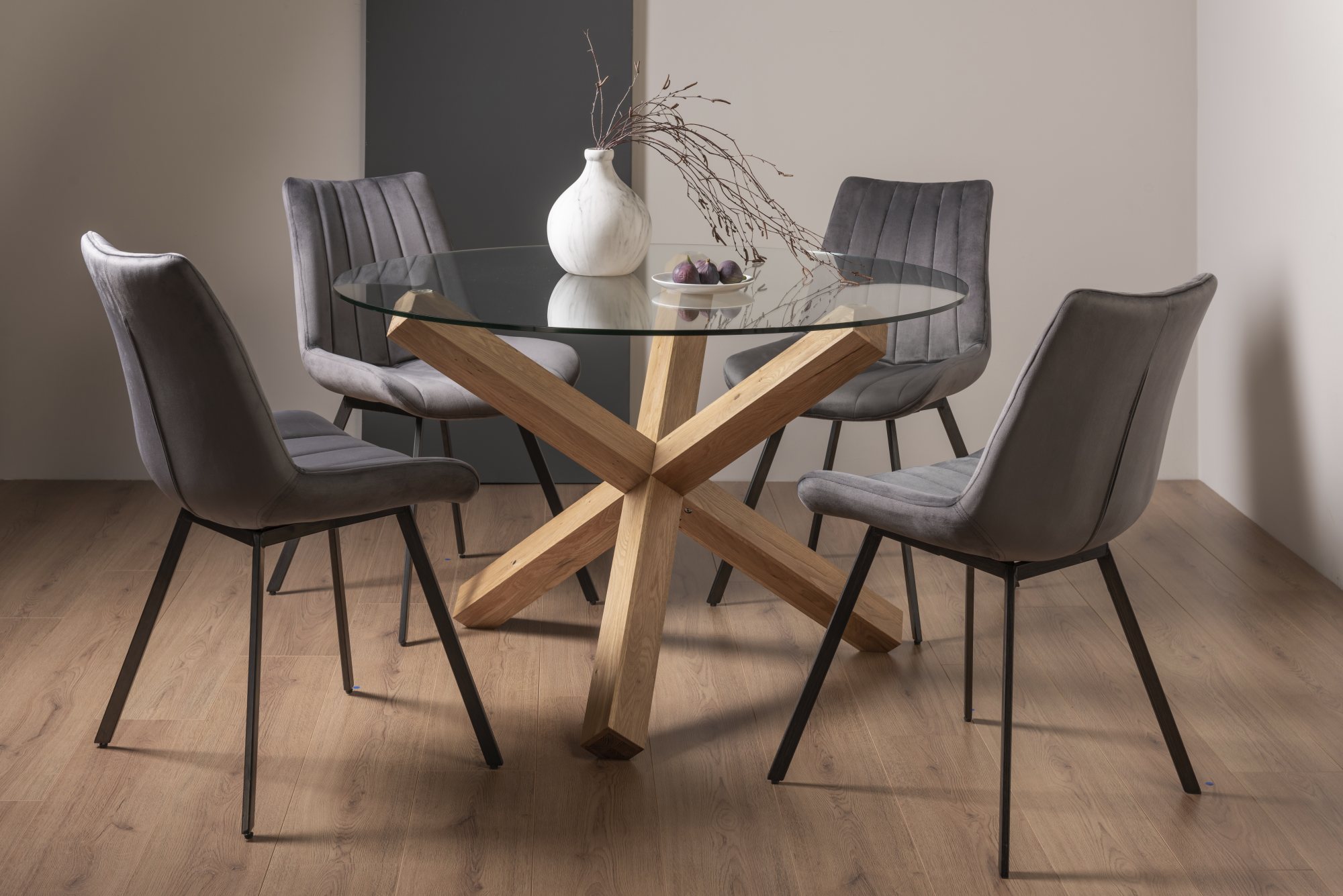Turin Glass 4 Seater Table - Light Oak Legs & 4 Fontana Grey Velvet Chairs by Bentley Designs | Style Our Home