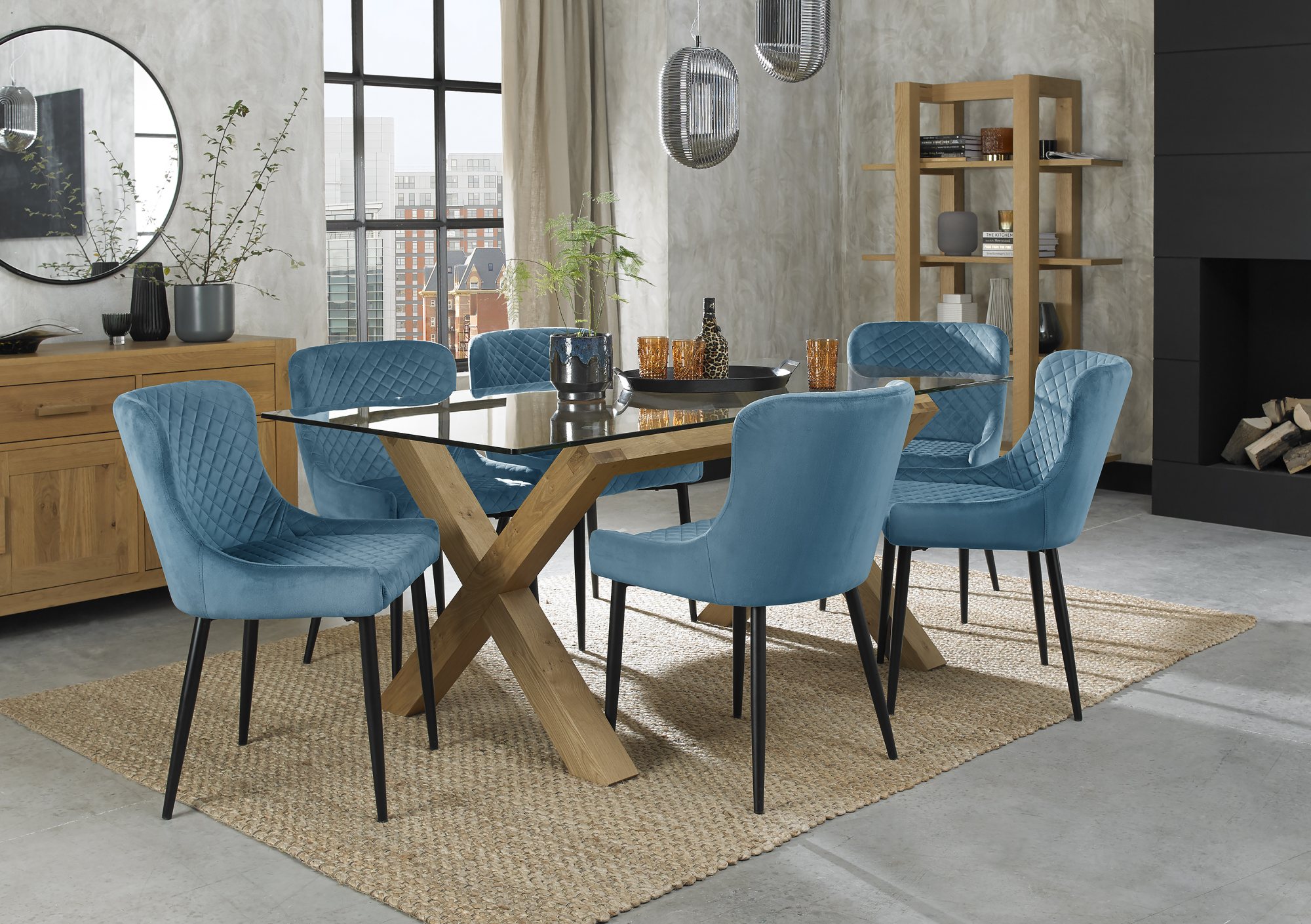 Turin Glass 6 Seater Table - Light Oak Legs & 6 Cezanne Petrol Blue Velvet Chairs - Black Legs by Bentley Designs | Style Our Home
