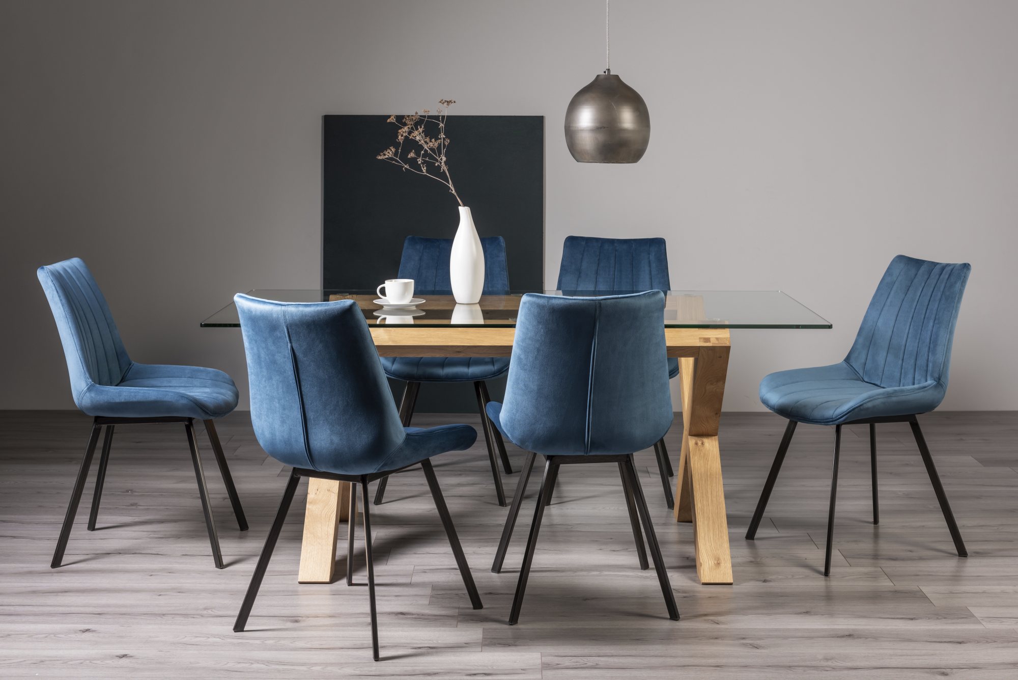 Turin Glass 6 Seater Table - Light Oak Legs & 6 Fontana Blue Velvet Chairs by Bentley Designs | Style Our Home