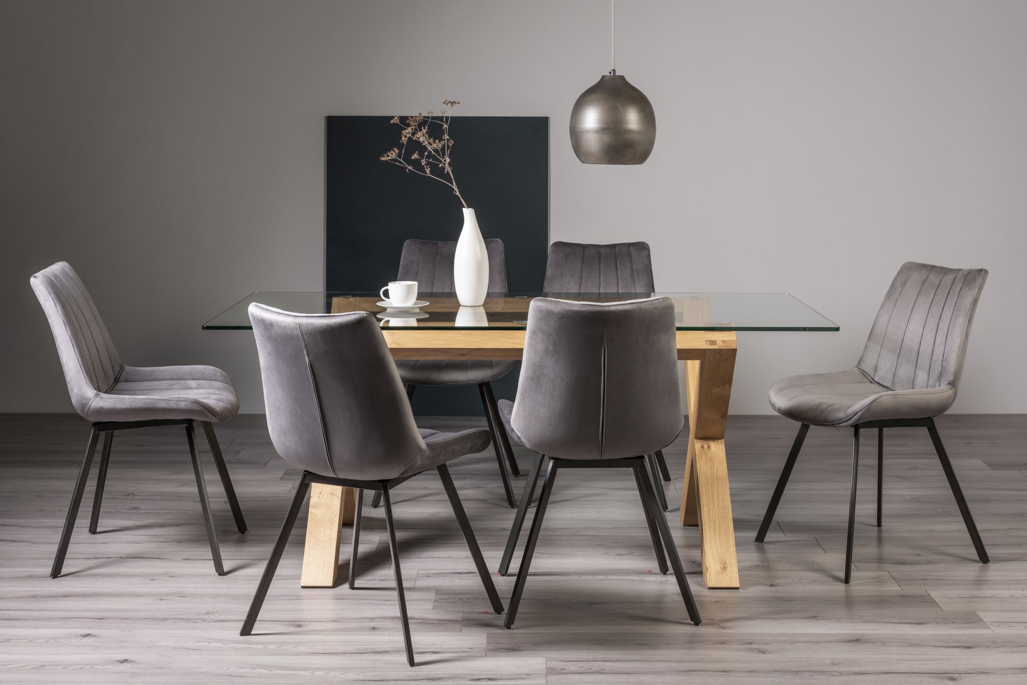 Turin Glass 6 Seater Table - Light Oak Legs & 6 Fontana Grey Velvet Chairs by Bentley Designs | Style Our Home