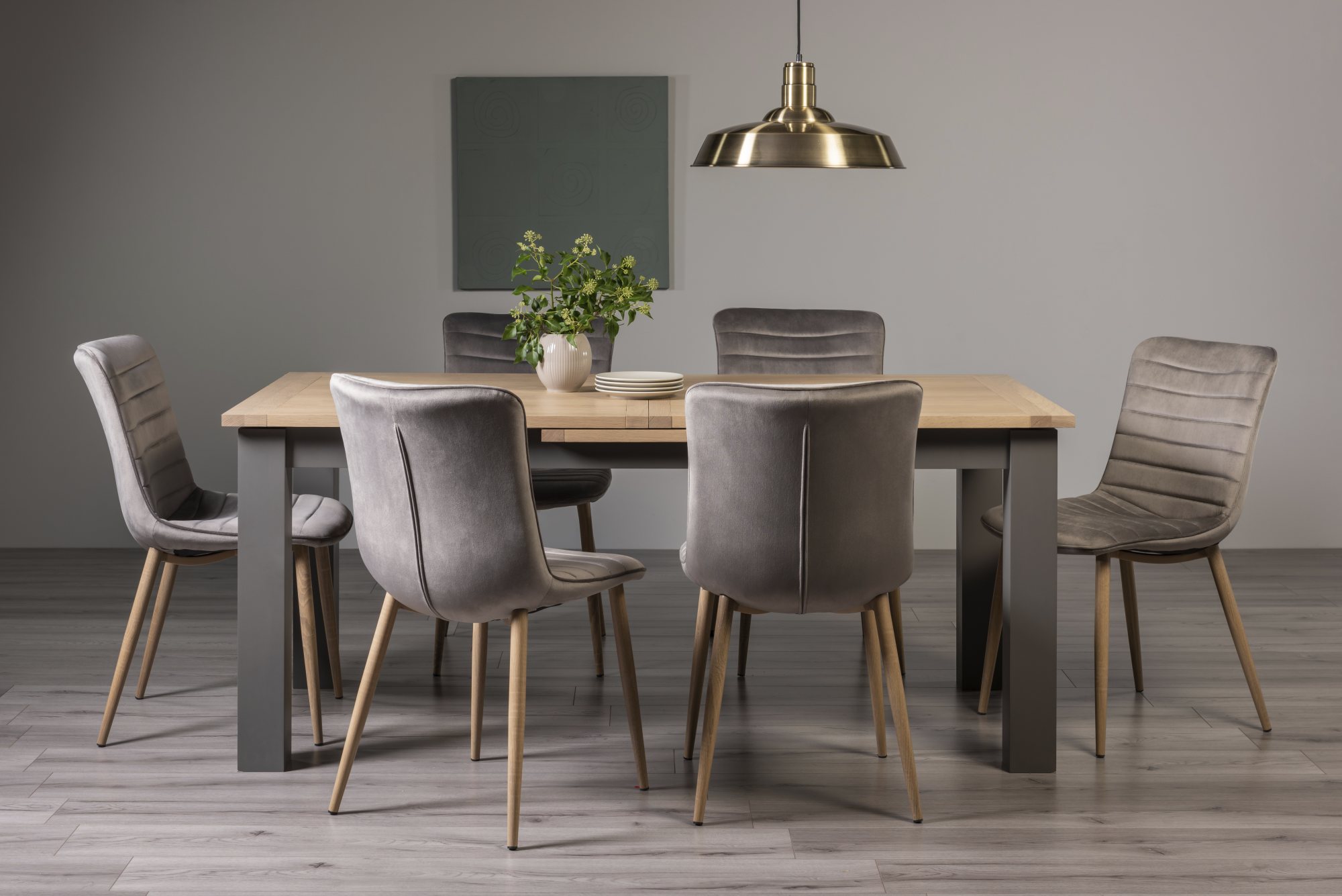 Oakham Scandi Oak 6-8 Seater Table - Dark Grey Legs & 6 Eriksen Grey Velvet Chairs by Bentley Designs | Style Our Home