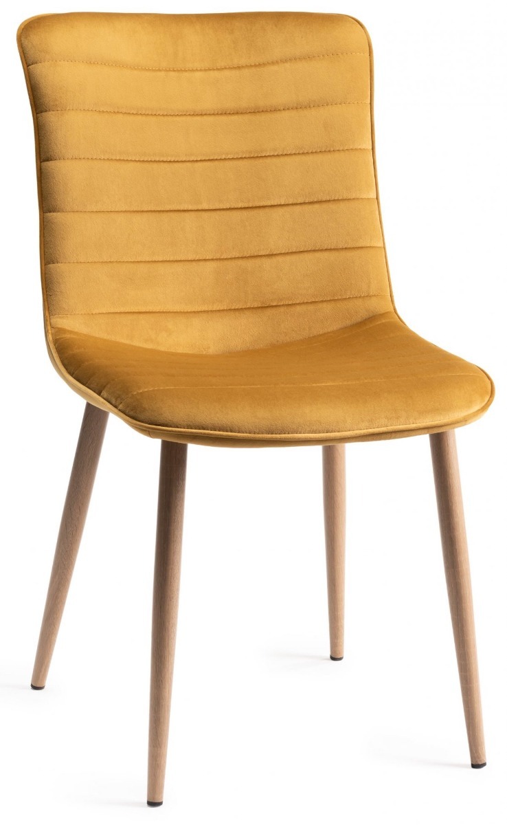 Dansk Scandi Oak 6 Seater Dining Table & 6 Mondrian Mustard Velvet Fabric Chairs with Sand Black Powder Coated Legs - Style Our Home