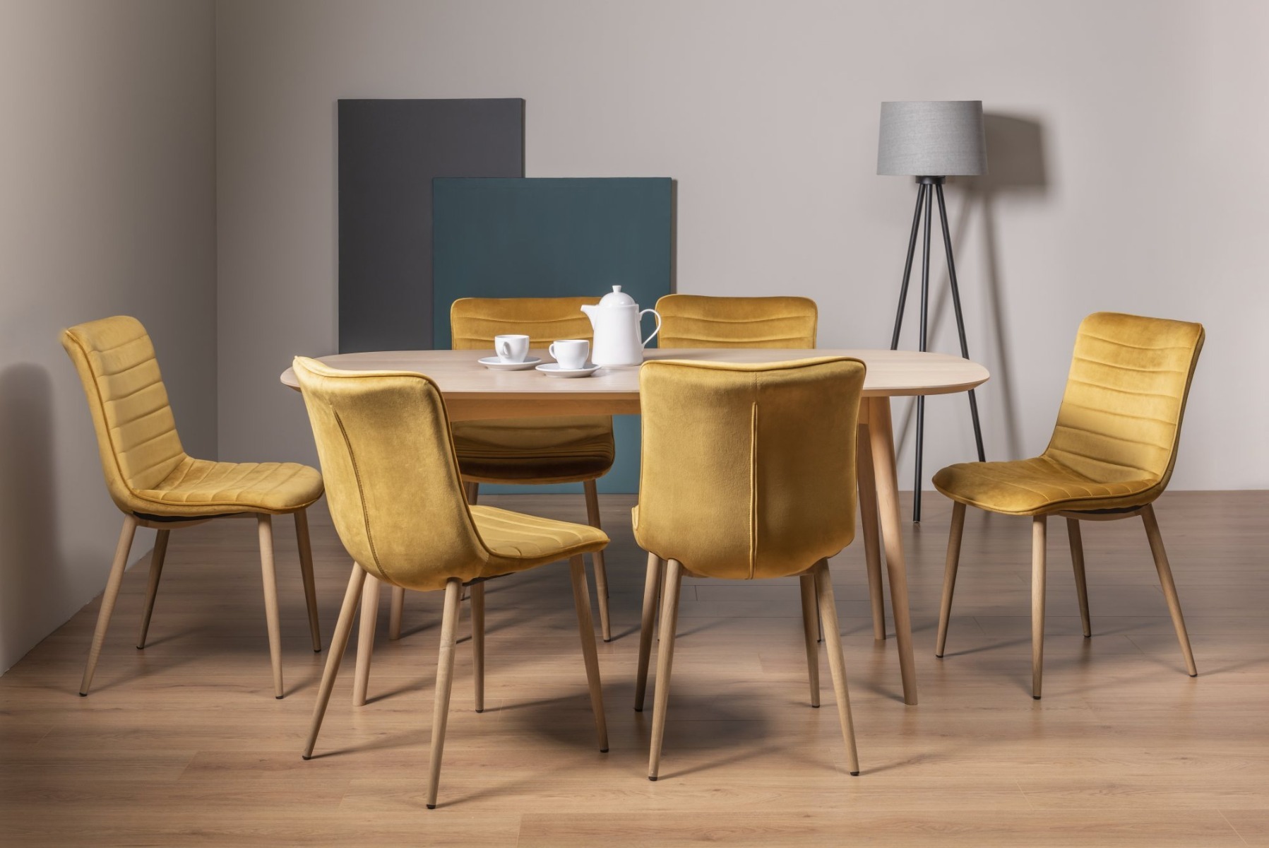 Dansk Scandi Oak 6 Seater Dining Table & 6 Eriksen Mustard Velvet Fabric Chairs with Grey Rustic Oak Effect Legs - Style Our Home