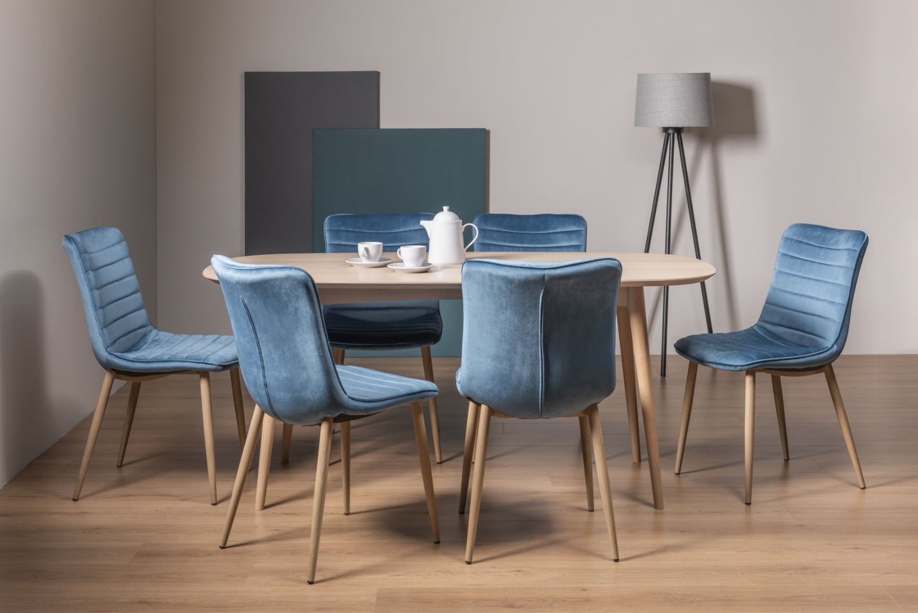 Dansk Scandi Oak 6 Seater Dining Table & 6 Eriksen Petrol Blue Velvet Fabric Chairs with Grey Rustic Oak Effect Legs - Style Our Home