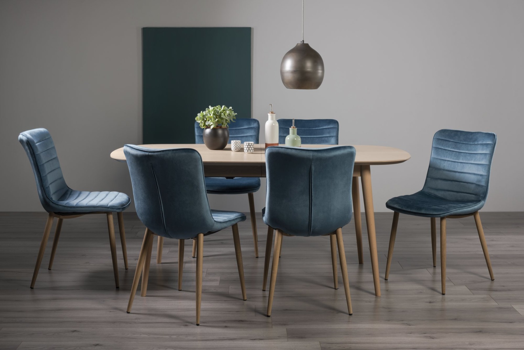 Dansk Scandi Oak 6-8 Seater Dining Table & 6 Eriksen Petrol Blue Velvet Fabric Chairs with Grey Rustic Oak Effect Legs - Style Our Home