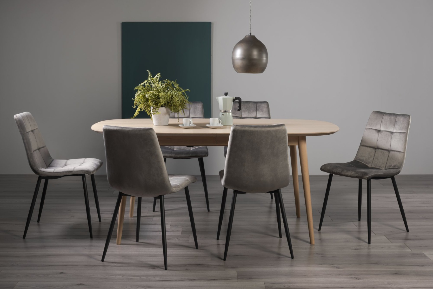 Dansk Scandi Oak 6-8 Seater Dining Table & 6 Mondrian Grey Velvet Fabric Chairs with Sand Black Powder Coated Legs - Style Our Home