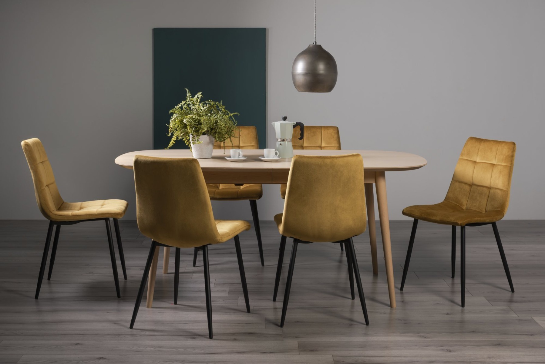 Dansk Scandi Oak 6-8 Seater Dining Table & 6 Mondrian Mustard Velvet Fabric Chairs with Sand Black Powder Coated Legs - Style Our Home