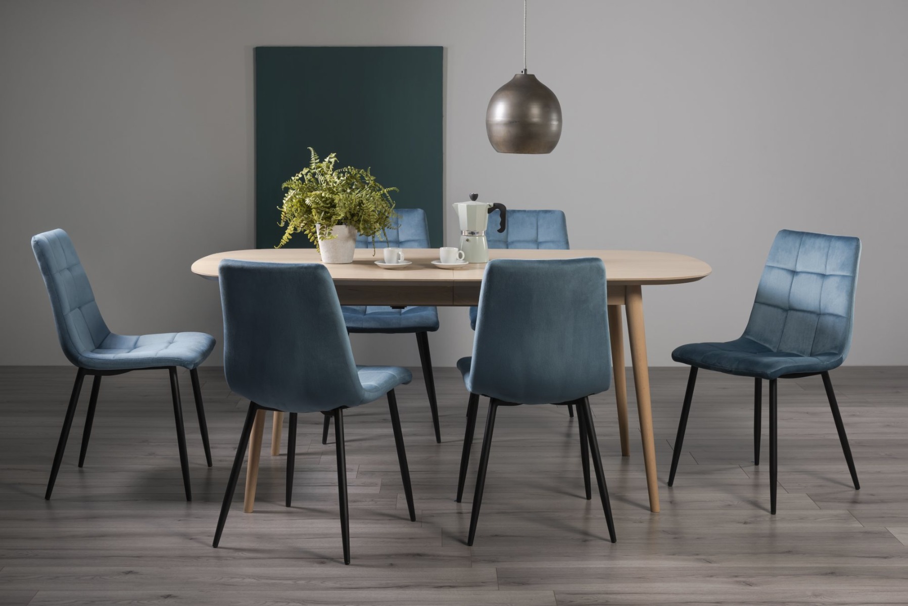 Dansk Scandi Oak 6-8 Seater Dining Table & 6 Mondrian Petrol Blue Velvet Fabric Chairs with Sand Black Powder Coated Legs - Style Our Home