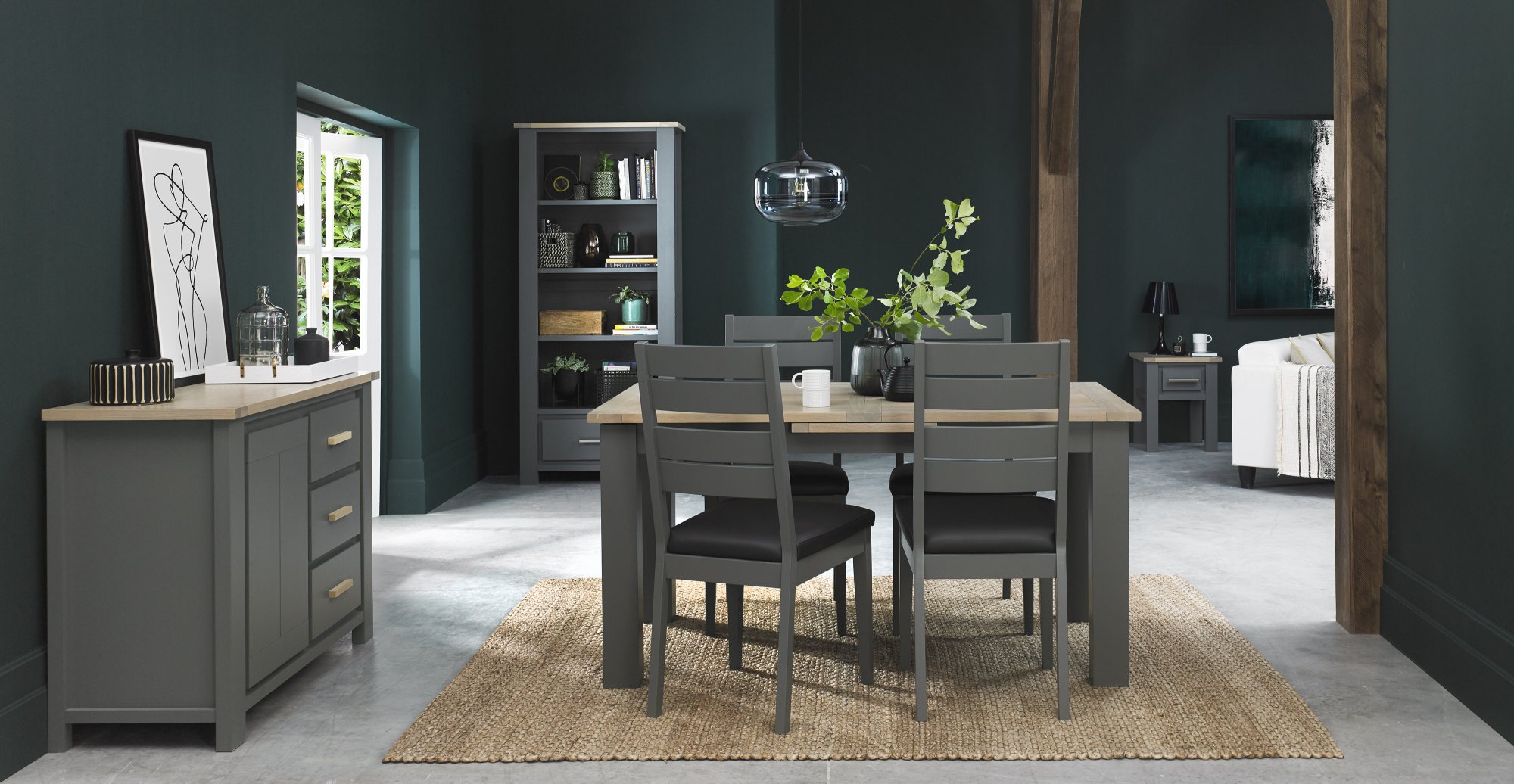 Oakham Dark Grey & Scandi 4-6 Seater Table & 4 Dark Grey Chairs in Dark Grey Bonded Leather by Bentley Designs | Style Our Home