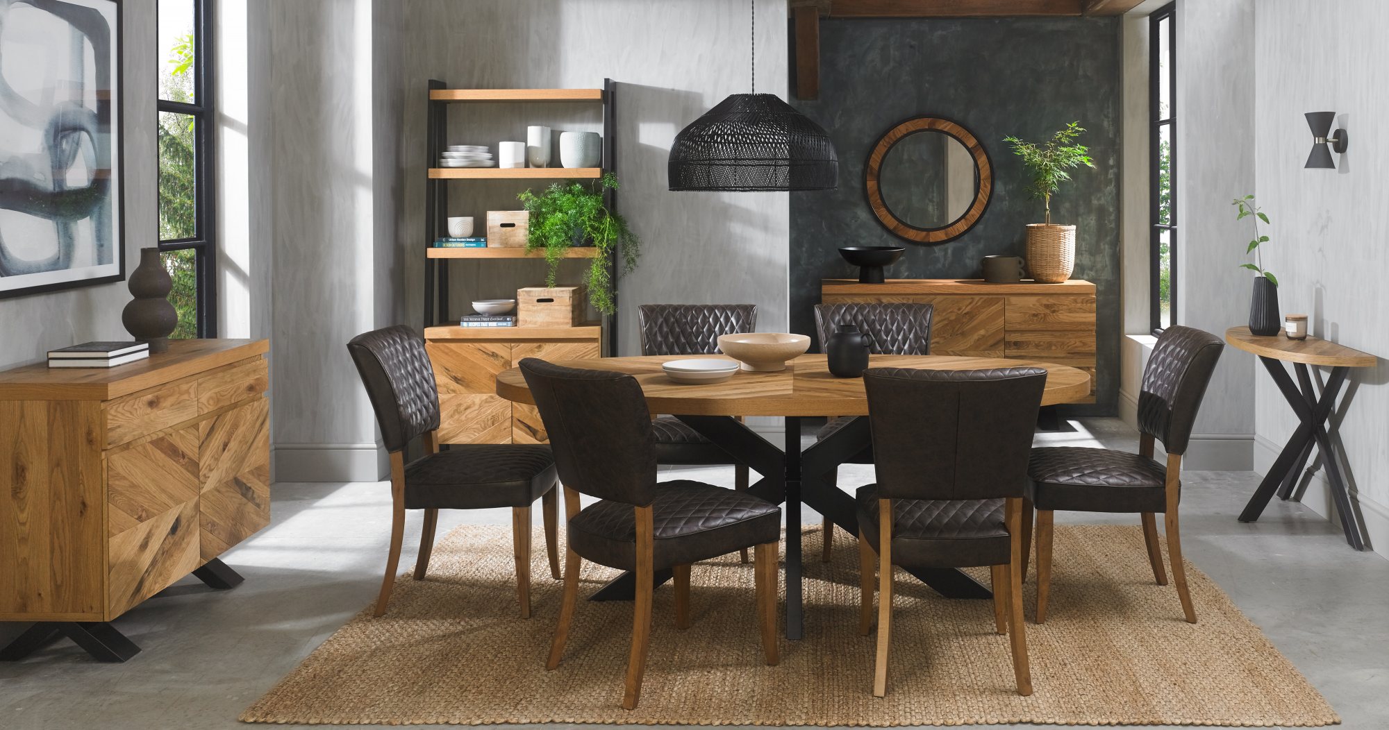 Ellipse Rustic Oak 6 Seater Table & 6 Logan Upholstered Chairs in Old West Vintage by Bentley Designs | Style Our Home