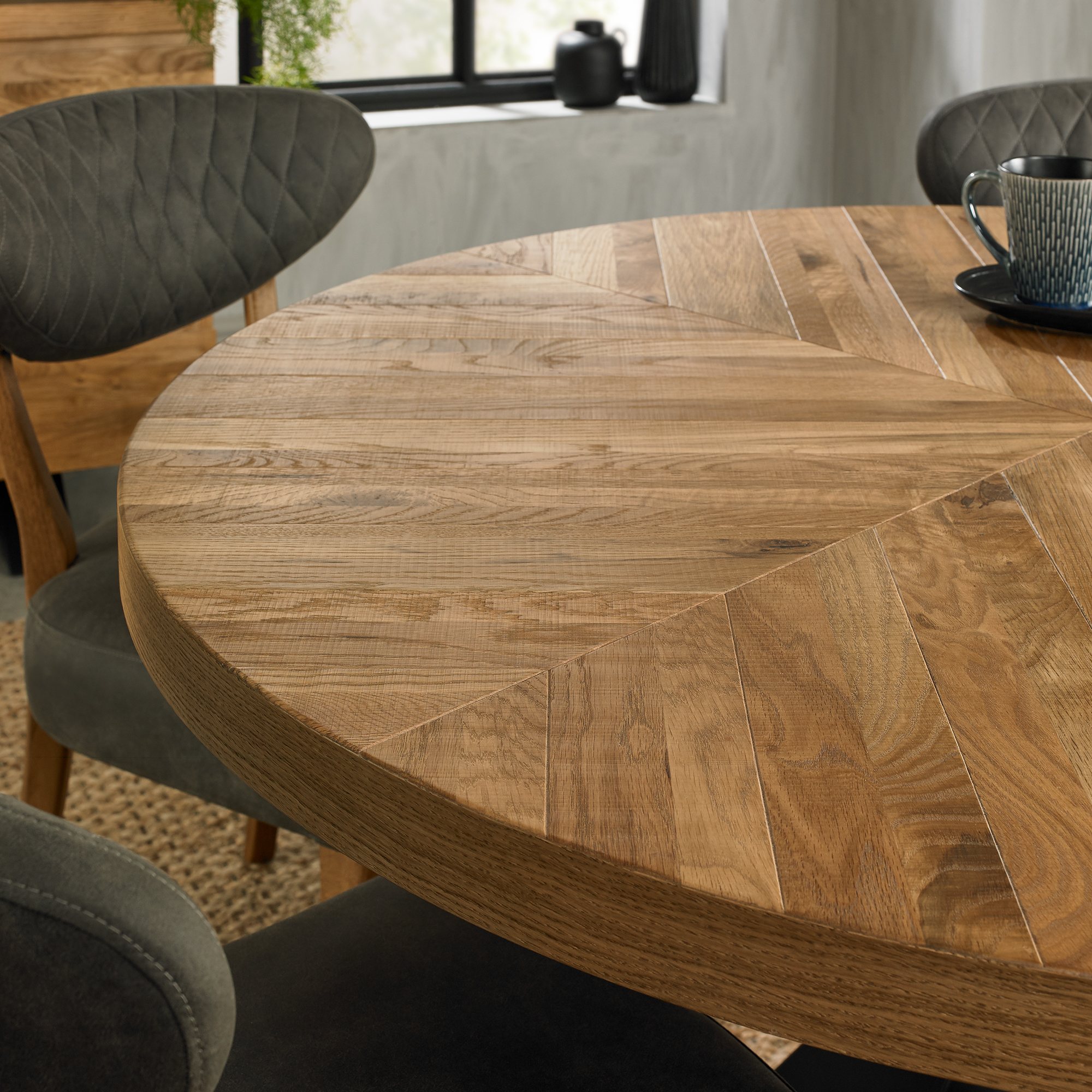 Ellipse Rustic Oak 4 Seater Table & 4 Logan Upholstered Chairs in Old West Vintage by Bentley Designs | Style Our Home