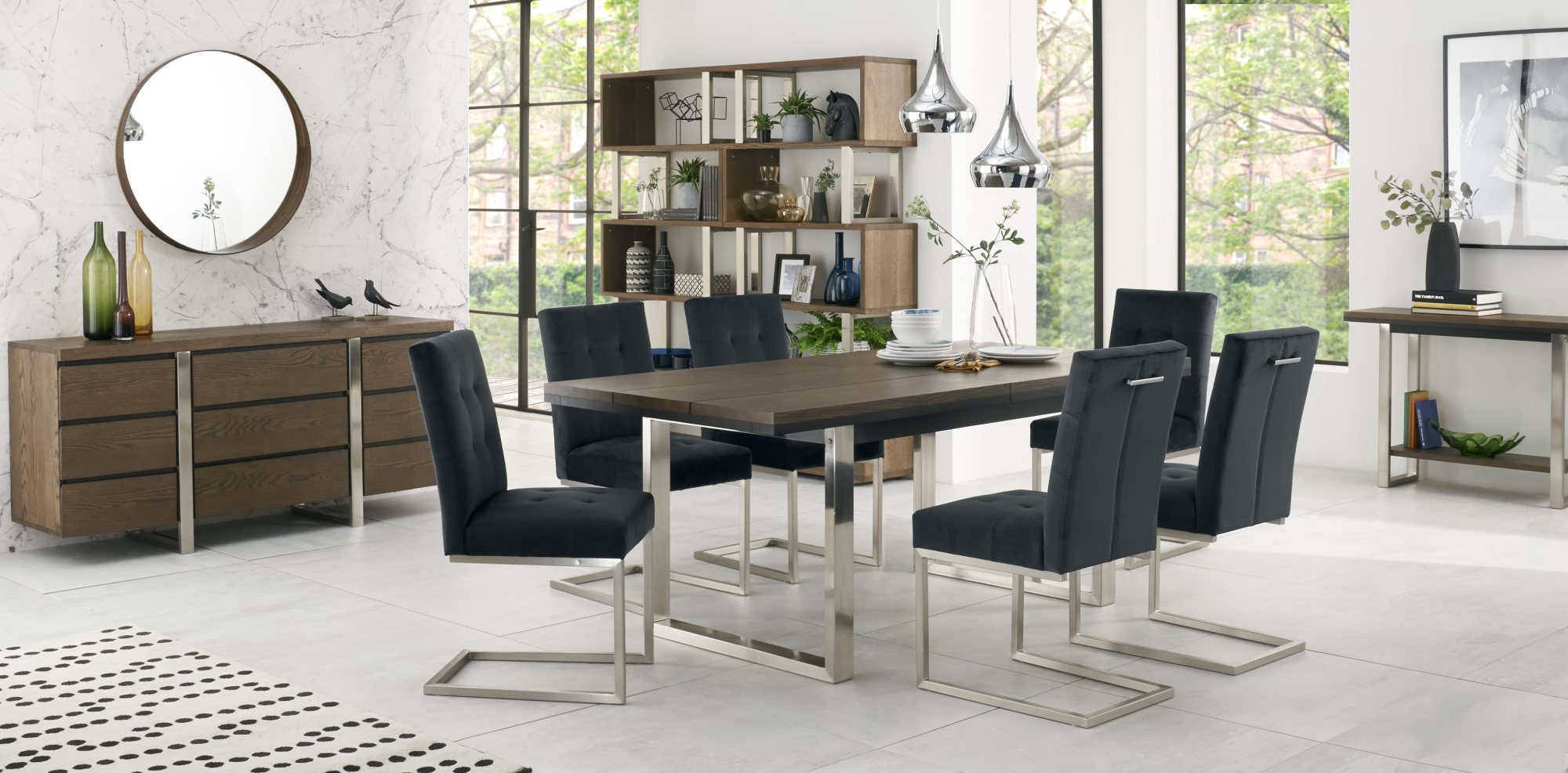 Tivoli Dark Oak 6-8 Seater Table & 6 Cantilever Chairs in Gun Metal Velvet by Bentley Designs | Style Our Home