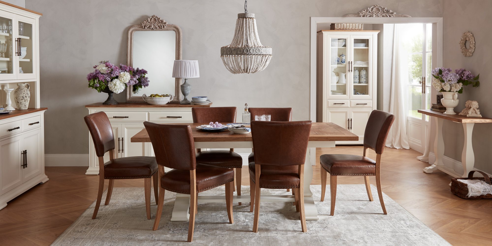 Belgrave Two Tone 6-8 Seater Table & 6 Oak Chairs in Rustic Tan Faux Leather by Bentley Designs | Style Our Home