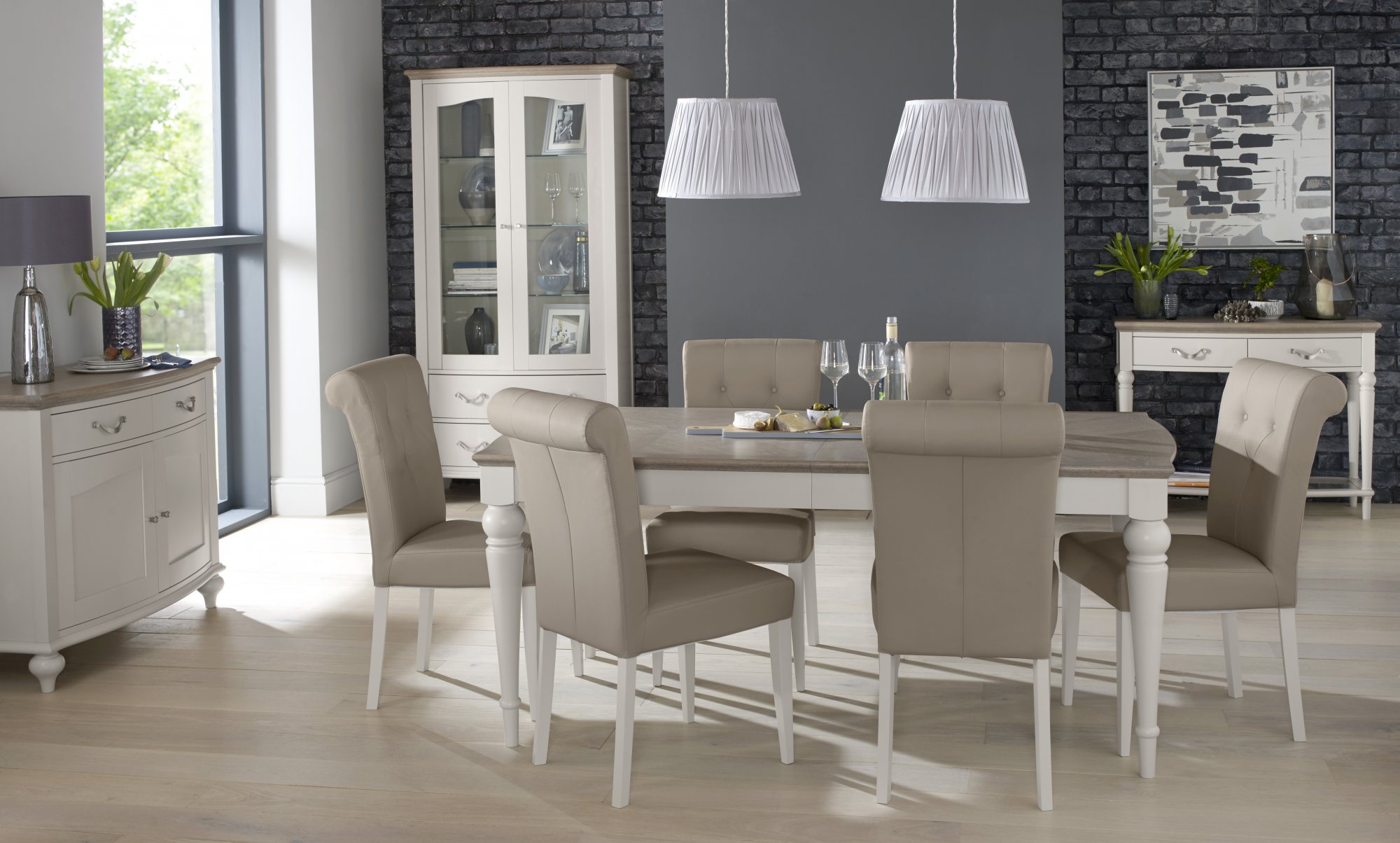 Montreux Grey Washed Oak & Soft Grey 6-8 Seater Table & 6 Upholstered Chairs in Grey Bonded Leather by Bentley Designs | Style Our Home