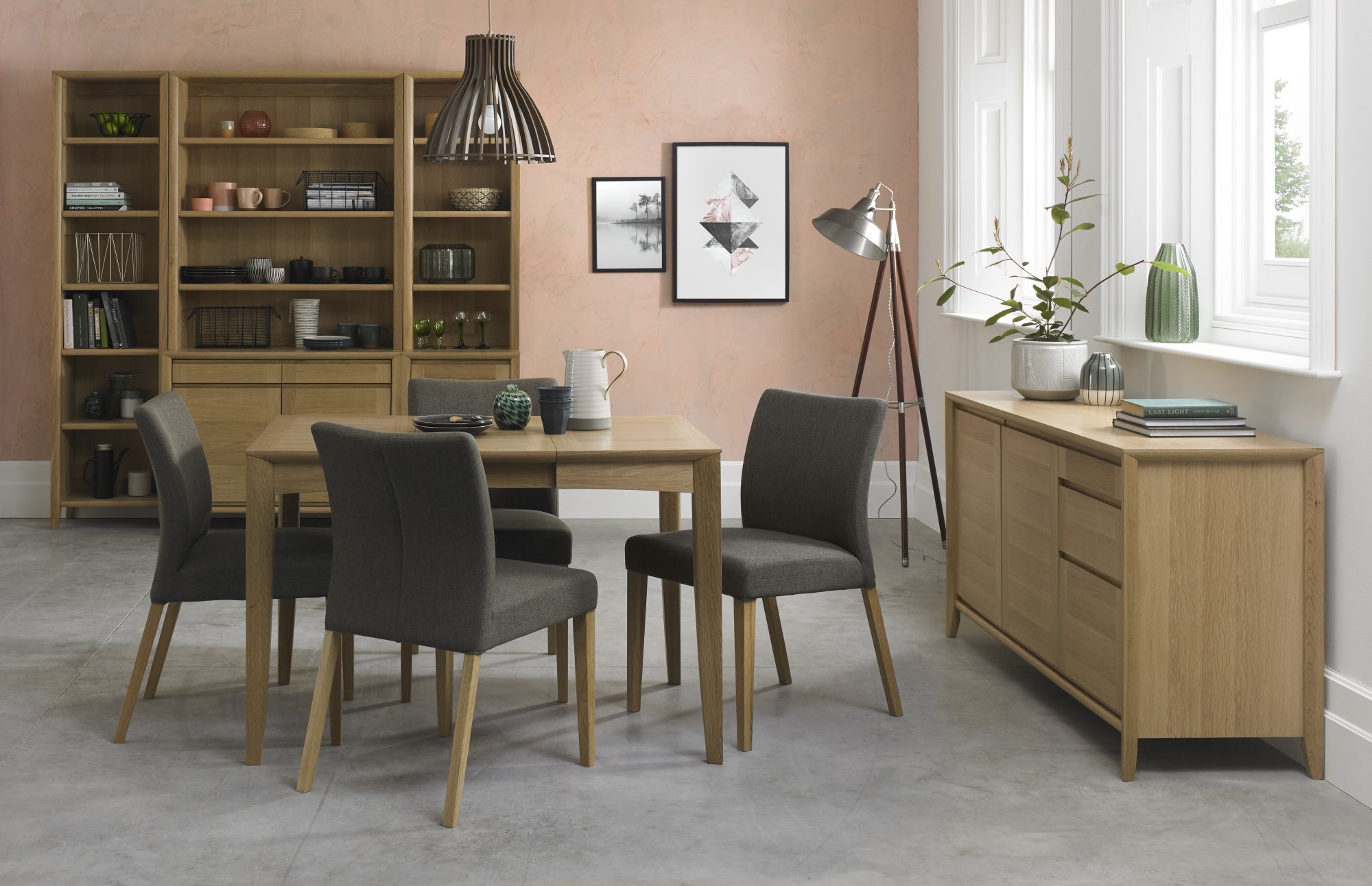 Bergen Oak 2-4 Seater Table & 4 Upholstered Chairs in Black Gold Fabric by Bentley Designs | Style Our Home