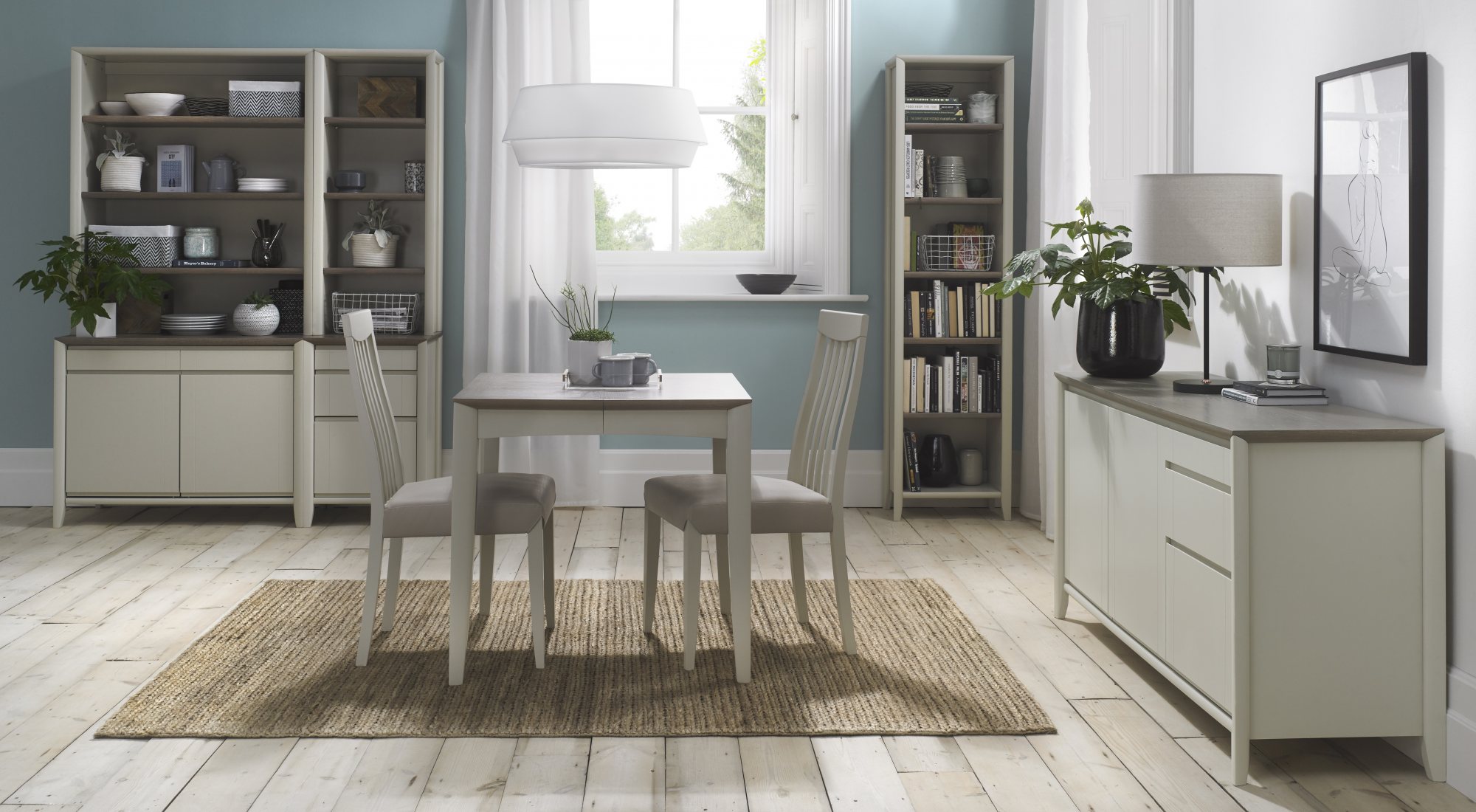 Bergen Grey Washed Oak 2-4 Seater Table & 2 Slat Back Chairs in Grey Bonded Leather by Bentley Designs | Style Our Home