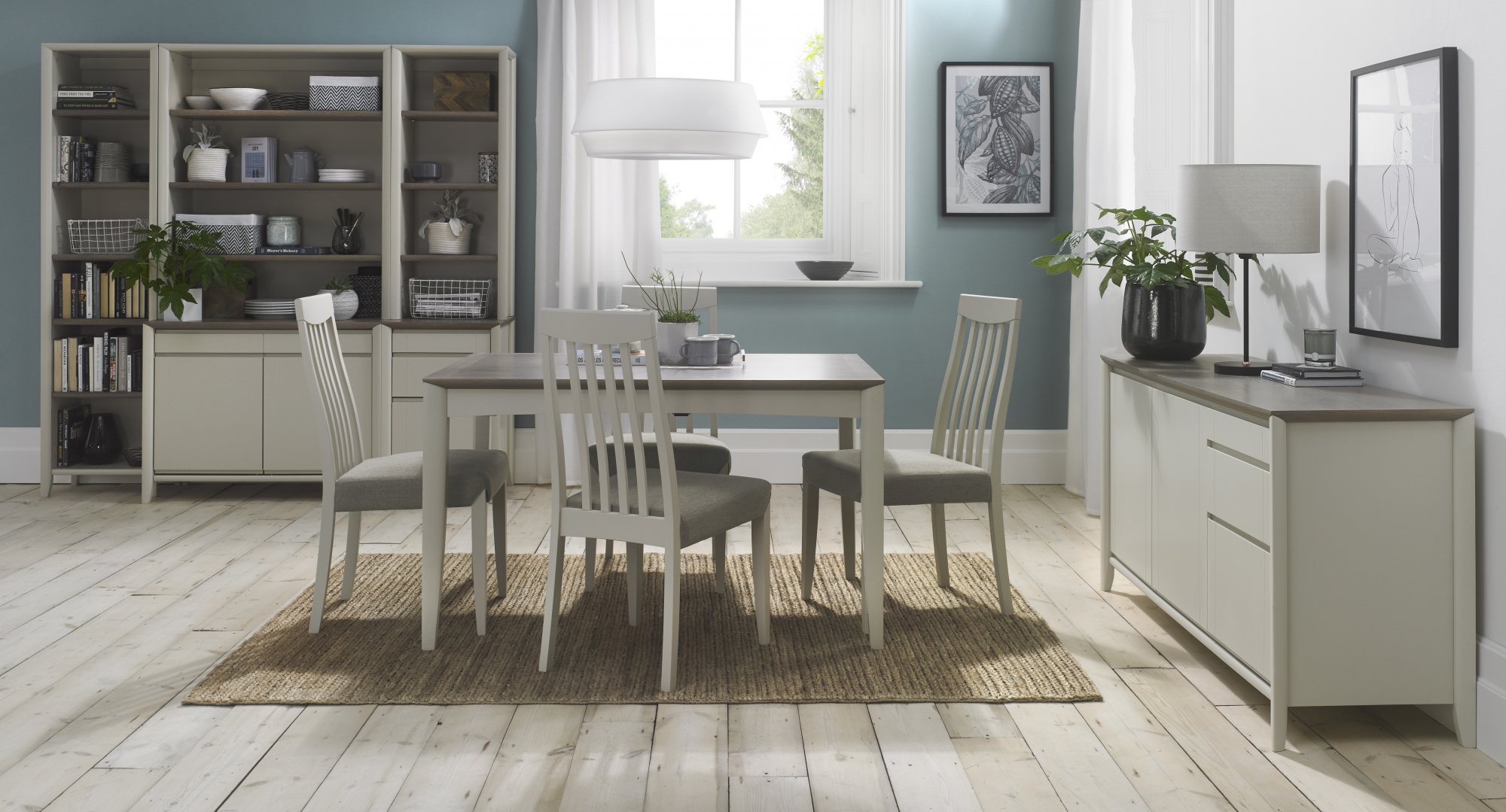Bergen Grey Washed Oak 4-6 Seater Table & 4 Slat Back Chairs in Titanium Fabric by Bentley Designs | Style Our Home