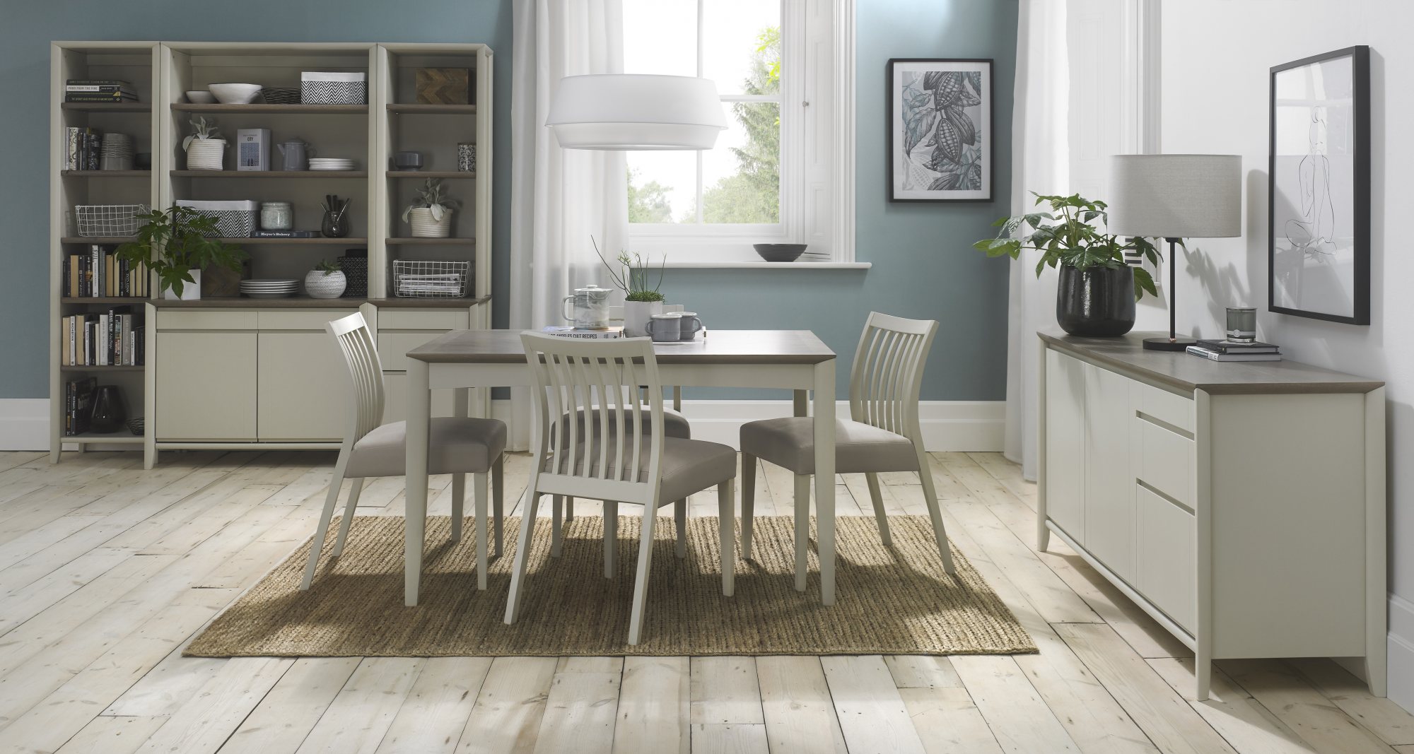Bergen Grey Washed Oak 4-6 Seater Table & 4 Slat Back Chairs in Grey Bonded Leather by Bentley Designs | Style Our Home