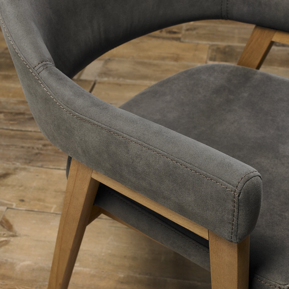 Camden Rustic Oak Upholstered Arm Chair in a Dark Grey Fabric (Pair) by Bentley Designs | Style Our Home