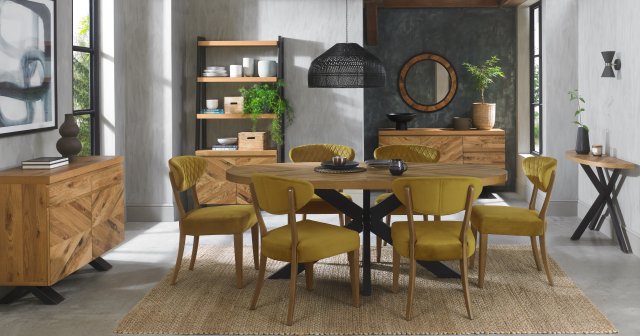 Ellipse Rustic Oak Upholstered Chair - Mustard Velvet Fabric (Pair) by Bentley Designs | Style Our Home