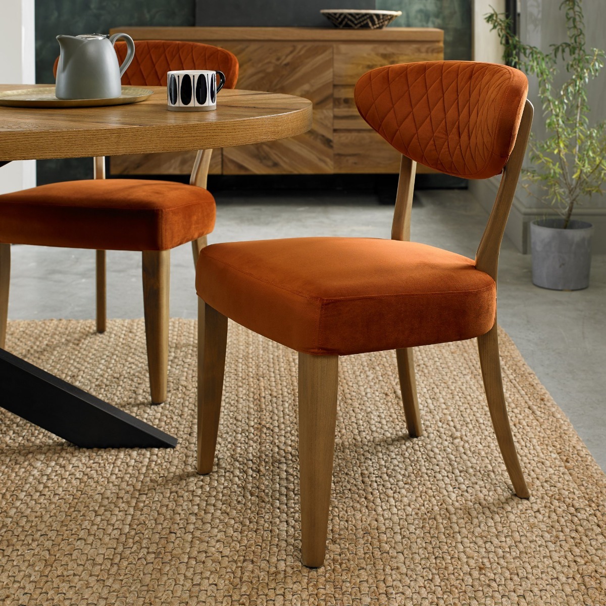 Ellipse Rustic Oak Upholstered Chair - Rust Velvet Fabric (Pair) by Bentley Designs | Style Our Home