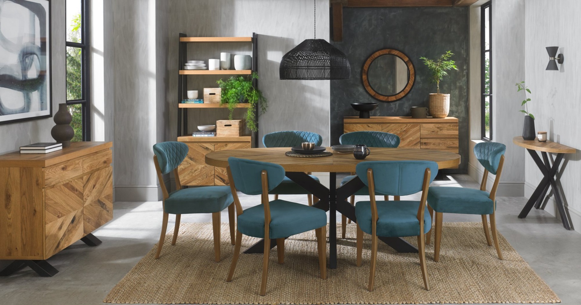 Ellipse Rustic Oak Upholstered Chair - Azure Velvet Fabric (Pair) by Bentley Designs | Style Our Home