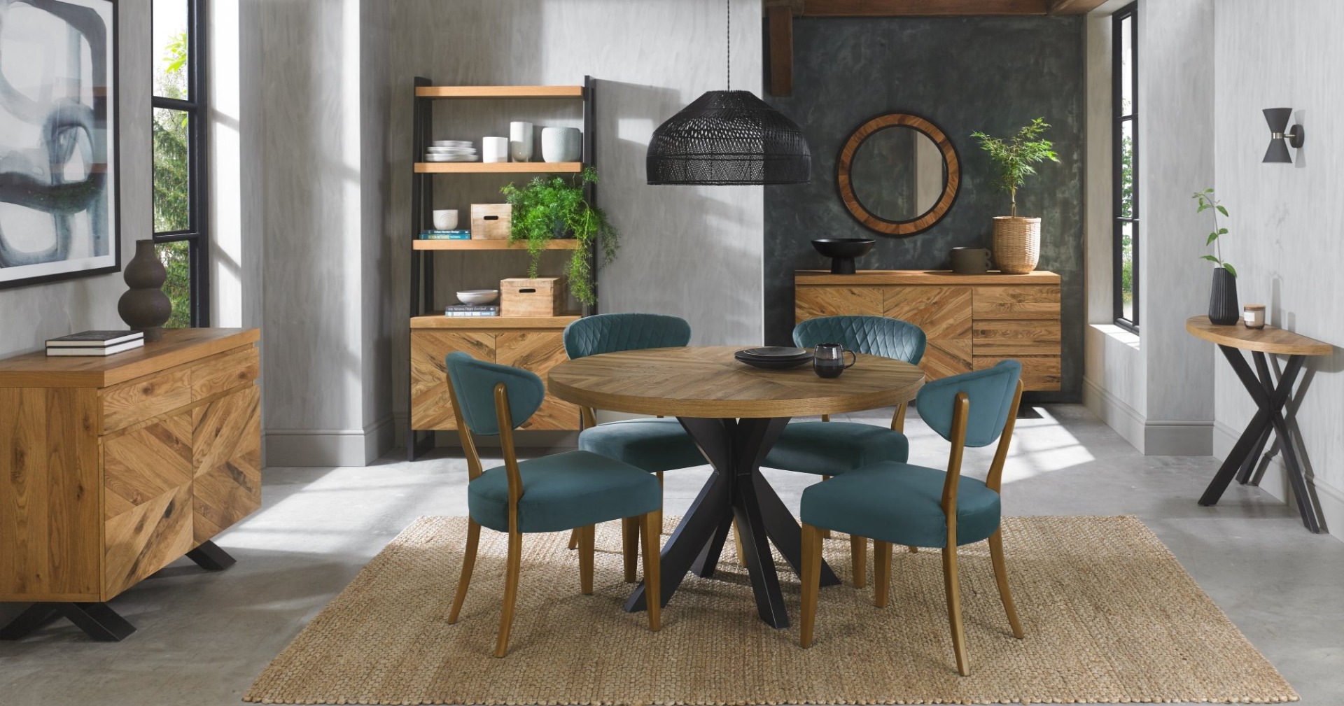 Ellipse Rustic Oak Upholstered Chair - Azure Velvet Fabric (Pair) by Bentley Designs | Style Our Home