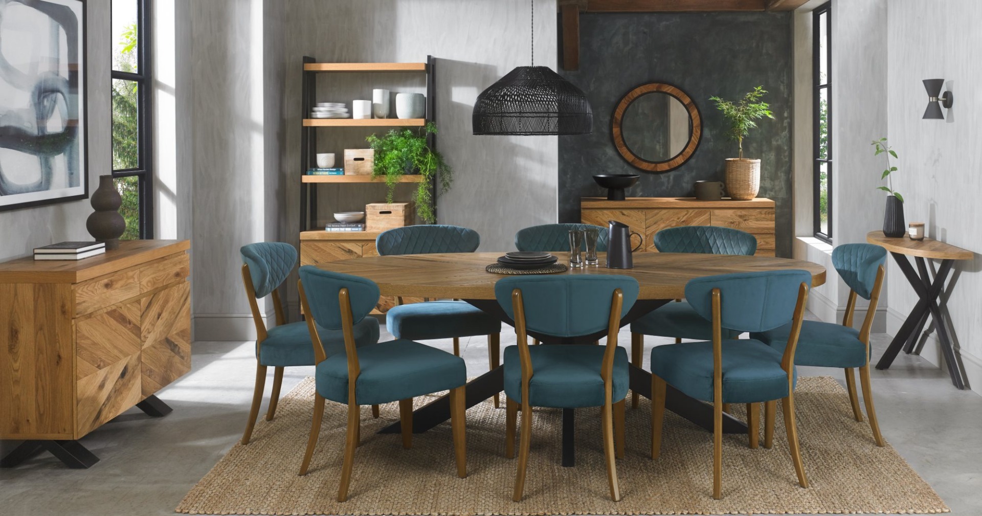Ellipse Rustic Oak Upholstered Chair - Azure Velvet Fabric (Pair) by Bentley Designs | Style Our Home
