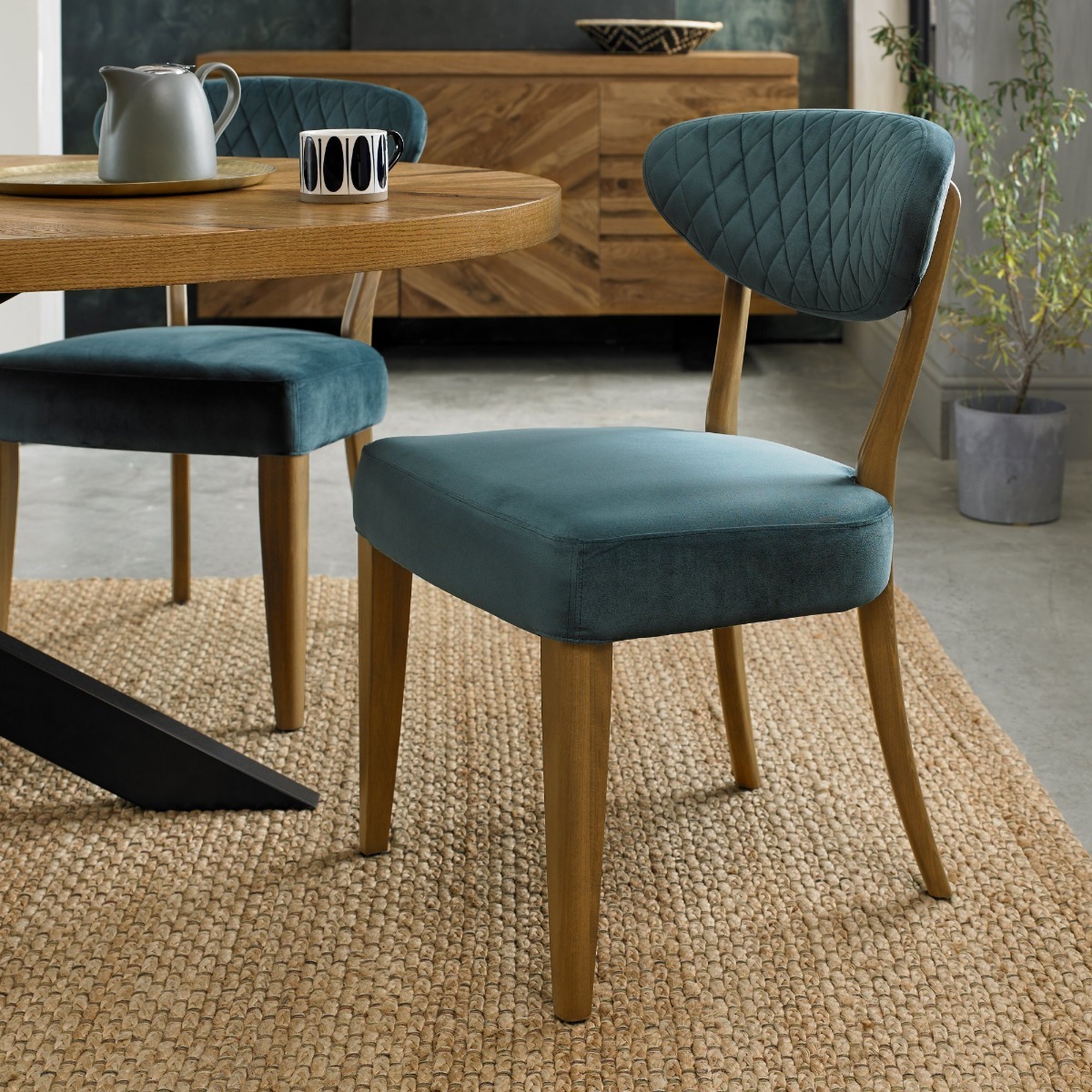 Ellipse Rustic Oak Upholstered Chair - Azure Velvet Fabric (Pair) by Bentley Designs | Style Our Home
