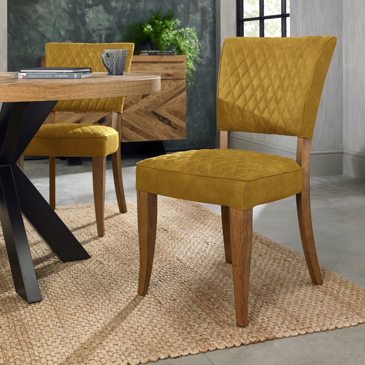 Logan Rustic Oak Upholstered Chair - Mustard Velvet Fabric (Pair) by Bentley Designs | Style Our Home