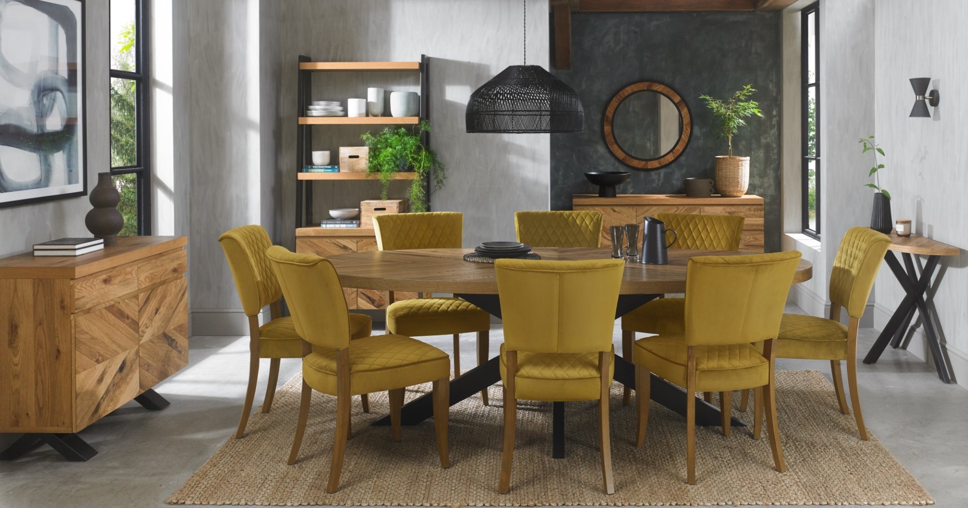 Logan Rustic Oak Upholstered Chair - Mustard Velvet Fabric (Pair) by Bentley Designs | Style Our Home