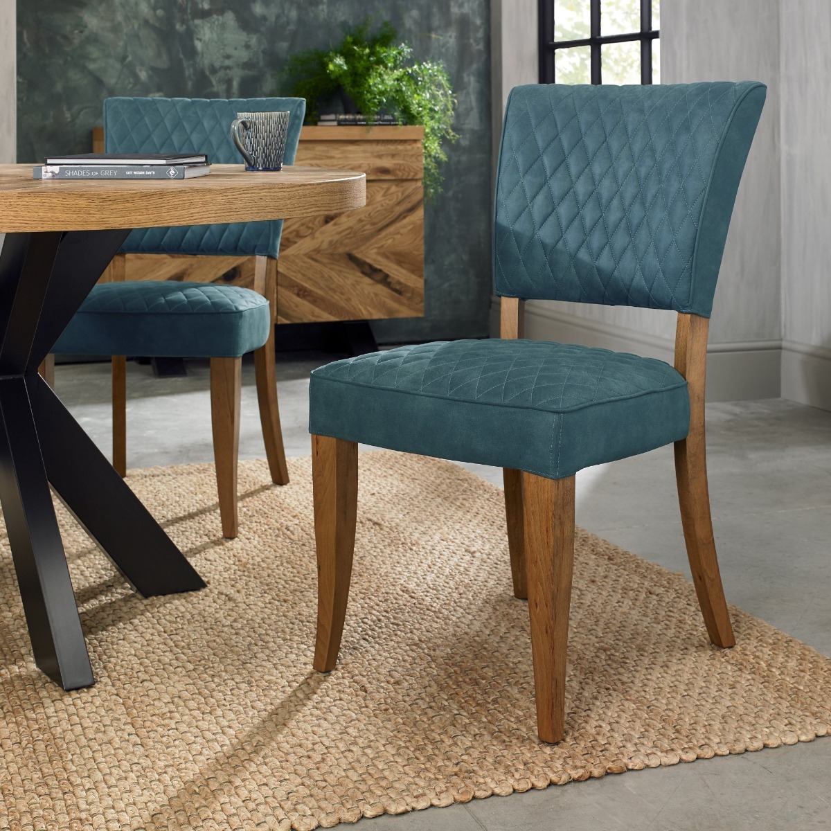 Logan Rustic Oak Upholstered Chair - Azure Velvet Fabric (Pair) by Bentley Designs | Style Our Home