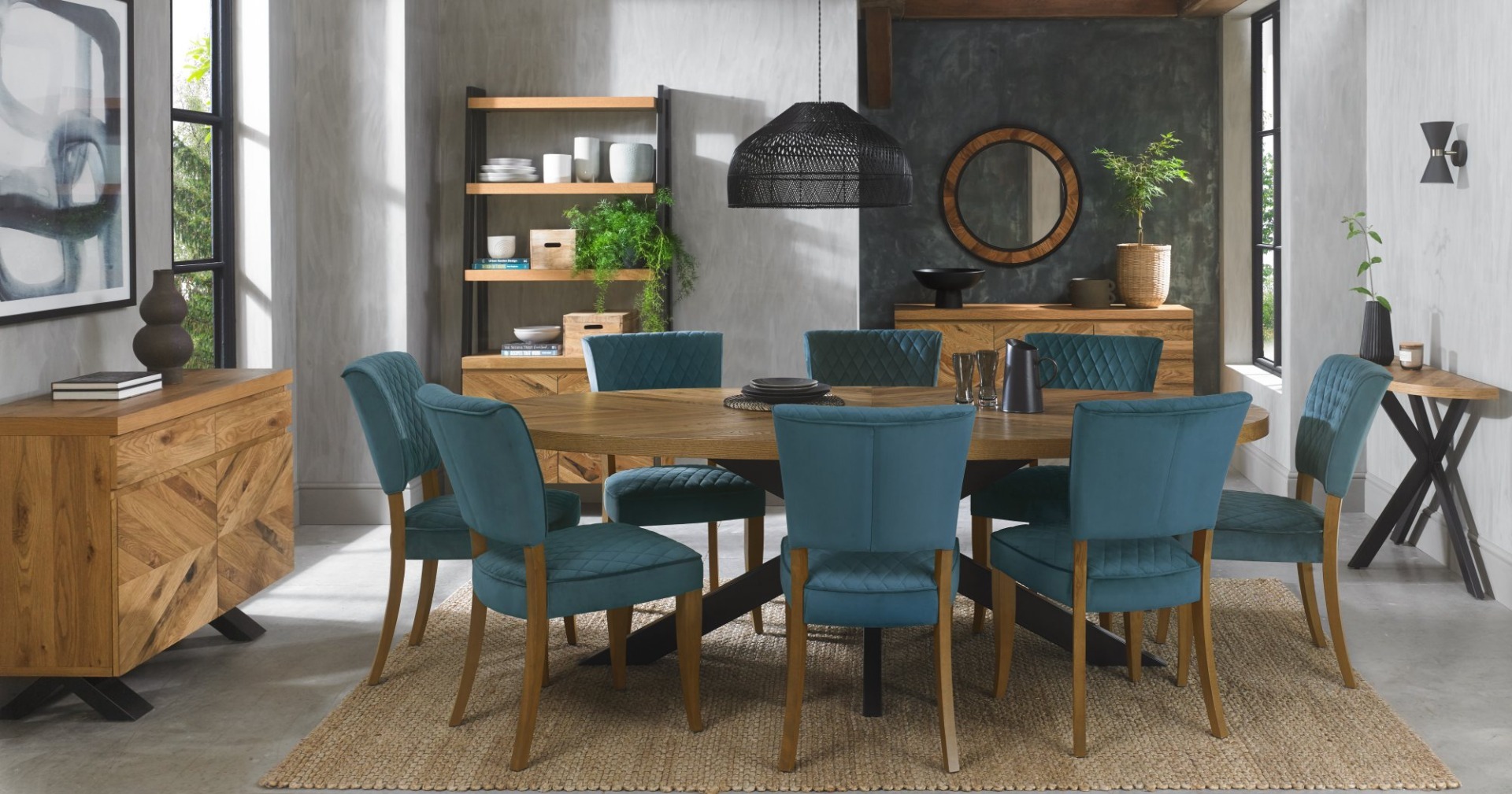 Logan Rustic Oak Upholstered Chair - Azure Velvet Fabric (Pair) by Bentley Designs | Style Our Home