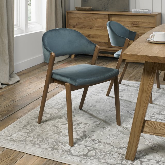Camden Rustic Oak Upholstered Chair in an Azure Velvet Fabric (Pair) by Bentley Designs | Style Our Home