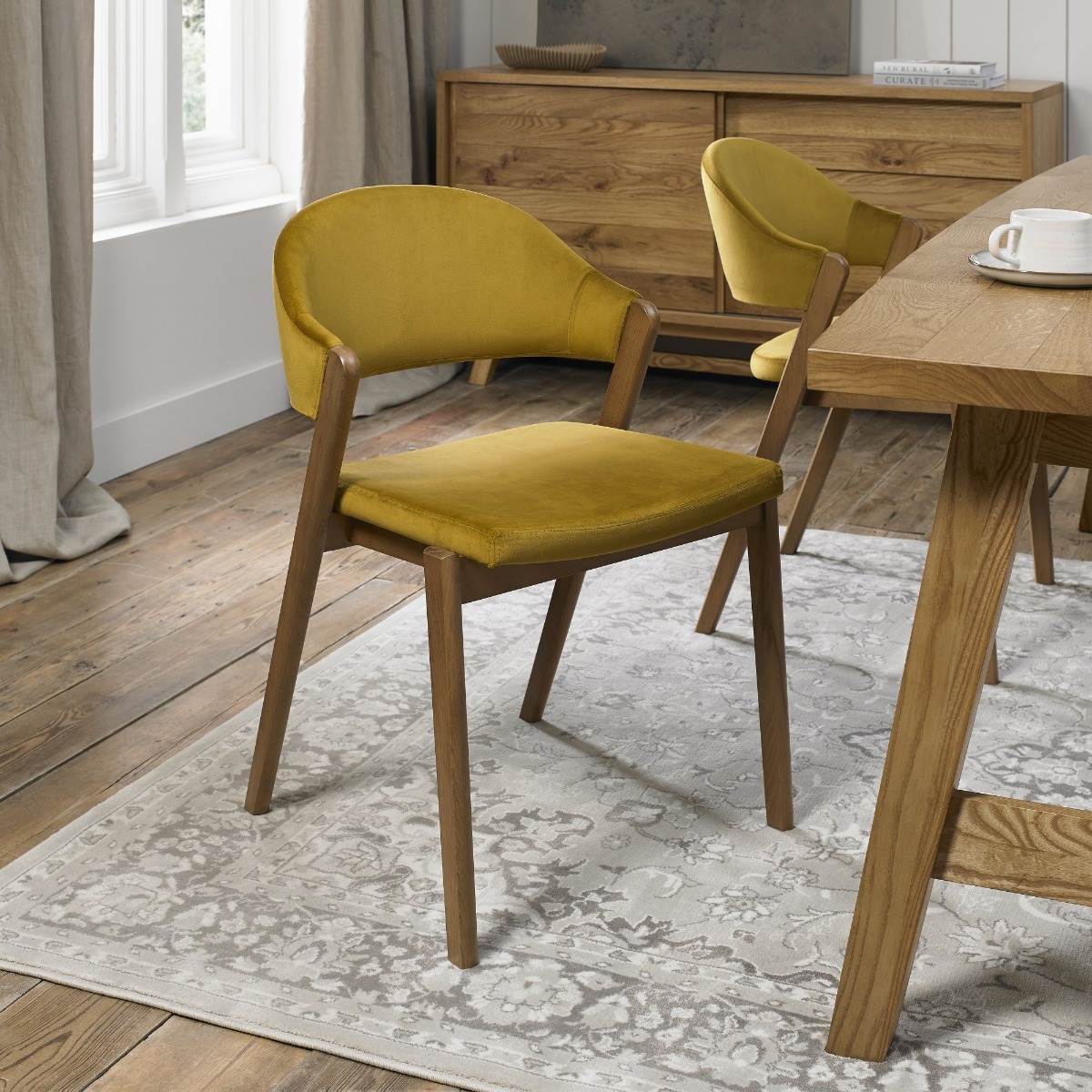 Camden Rustic Oak Upholstered Chair in a Mustard Velvet Fabric (Pair) by Bentley Designs | Style Our Home